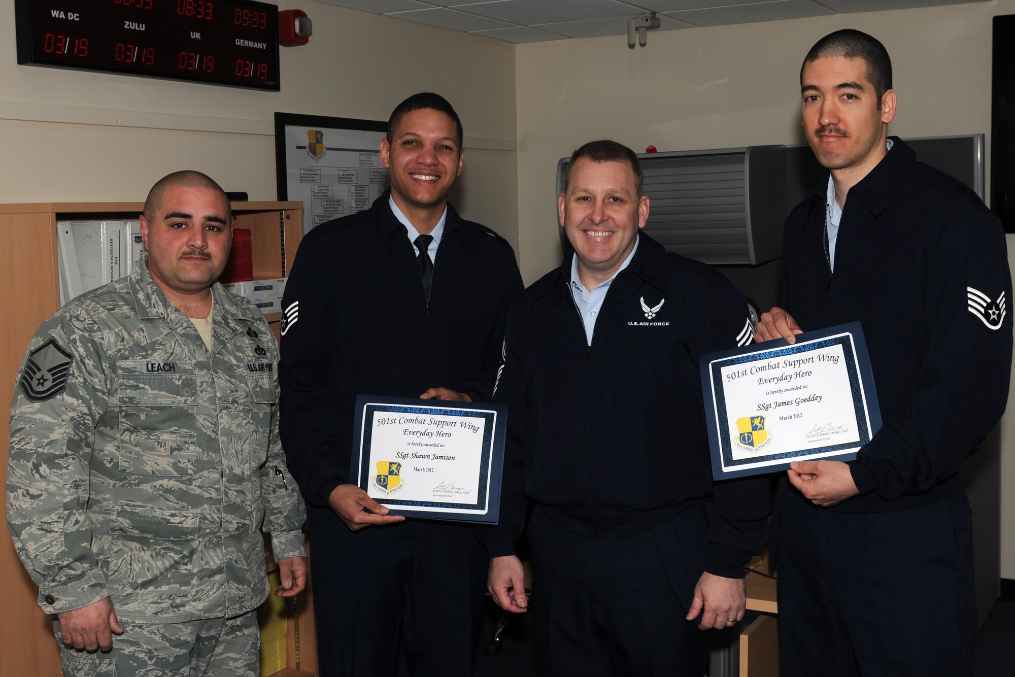 RAF ALCONBURY, United Kingdom - Staff Sgt. James Goeddey and Staff Sgt. Shawn Jamison, 501st Combat Support Wing, were named the March 501st Everyday Heroes for the 501st CSW Staff. Between the two sergeants, they create, implement and manage the wing virtual operation center. (U.S. Air Force photo by Tech Sgt. John Barton)