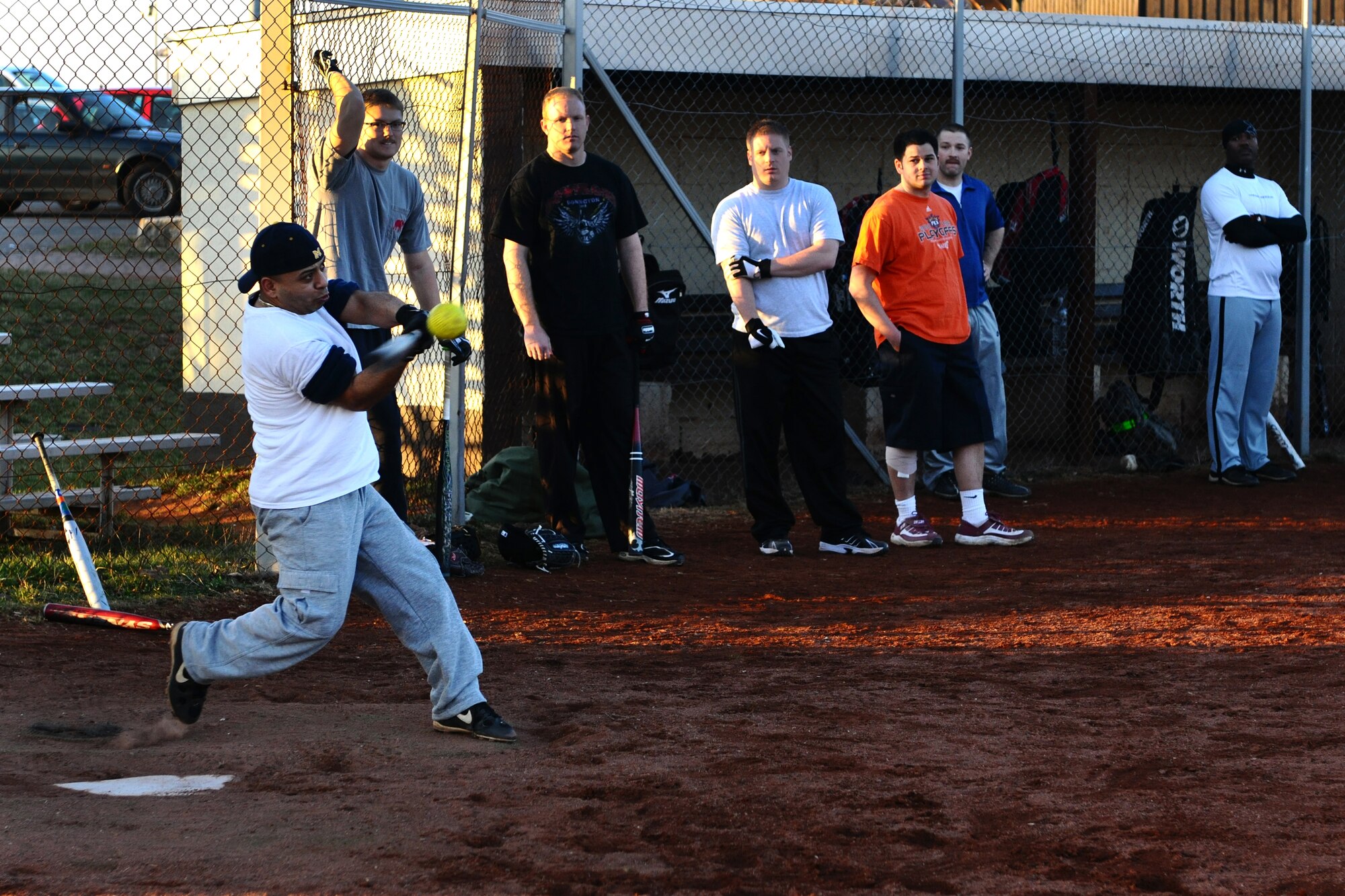 SPANGDAHLEM AIR BASE, Germany – Ignacio Rosado, 52nd Equipment Maintenance Squadron, hits a softball during Spangdahlem men’s varsity softball tryouts held on Field 1 here March 15. The tryouts took place from March 12-16 and allowed men affiliated with the base an opportunity to try out for the team. The team will compete against other military service teams from throughout Europe during the 2012 season. (U.S. Air Force photo by Airman 1st Class Dillon Davis/Released)