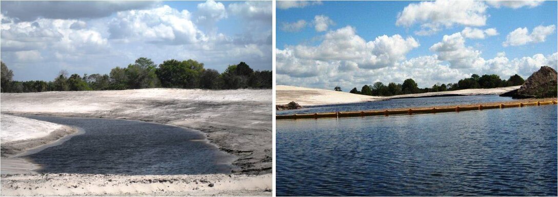 (Left) Excavated oxbow, prior to plug being removed along Reach 3.  (Photo by Jenn Domashevich, USACE); (Right) Water flowing into the oxbow after the earthern plug was removed March 13, 2012. 