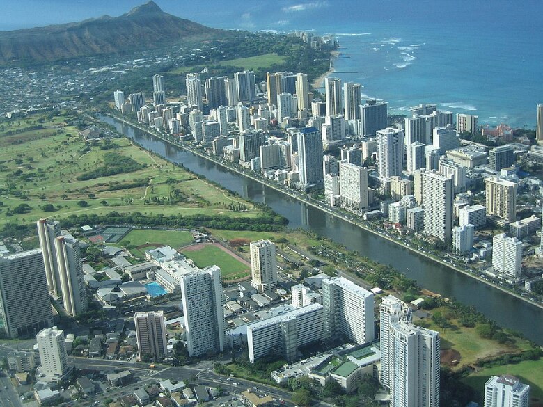 Ala Wai Canal - Aerial view towards Diamondhead