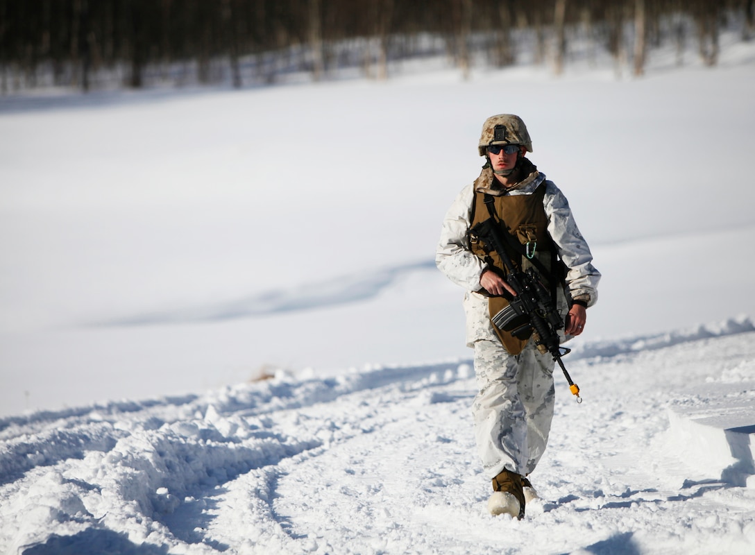A Marine with Company K, 3rd Battalion, 24th Marine Regiment, 4th Marine Division, provides security, March 19, during the final exercise portion of Exercise Cold Response 2012. The multinational invitational event focused on rehearsing conventional-warfare operations in winter conditions and exercising interoperability with the NATO allies. (U.S. Marine Corps photo by Lance Cpl. Marcin Platek)