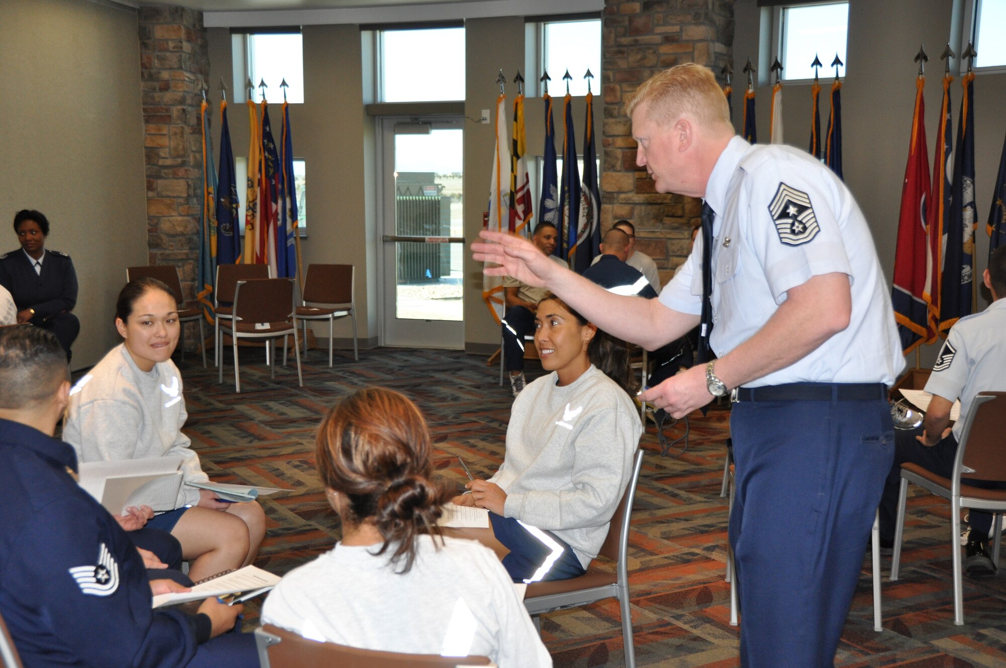 Chief Master Sgt. David Paullet, Air Reserve Personnel Center command chief, hosted a speed mentoring session during an enlisted call March 20. 2012, on Buckley Air Force Base, Colo. Paullet provides leadership and guidance as the commander's senior enlisted representative to more than 400 active duty, Guardsmen, civilian employees and Reserve enlisted members. (U.S. Air Force photo/Tech. Sgt. Rob Hazelett)