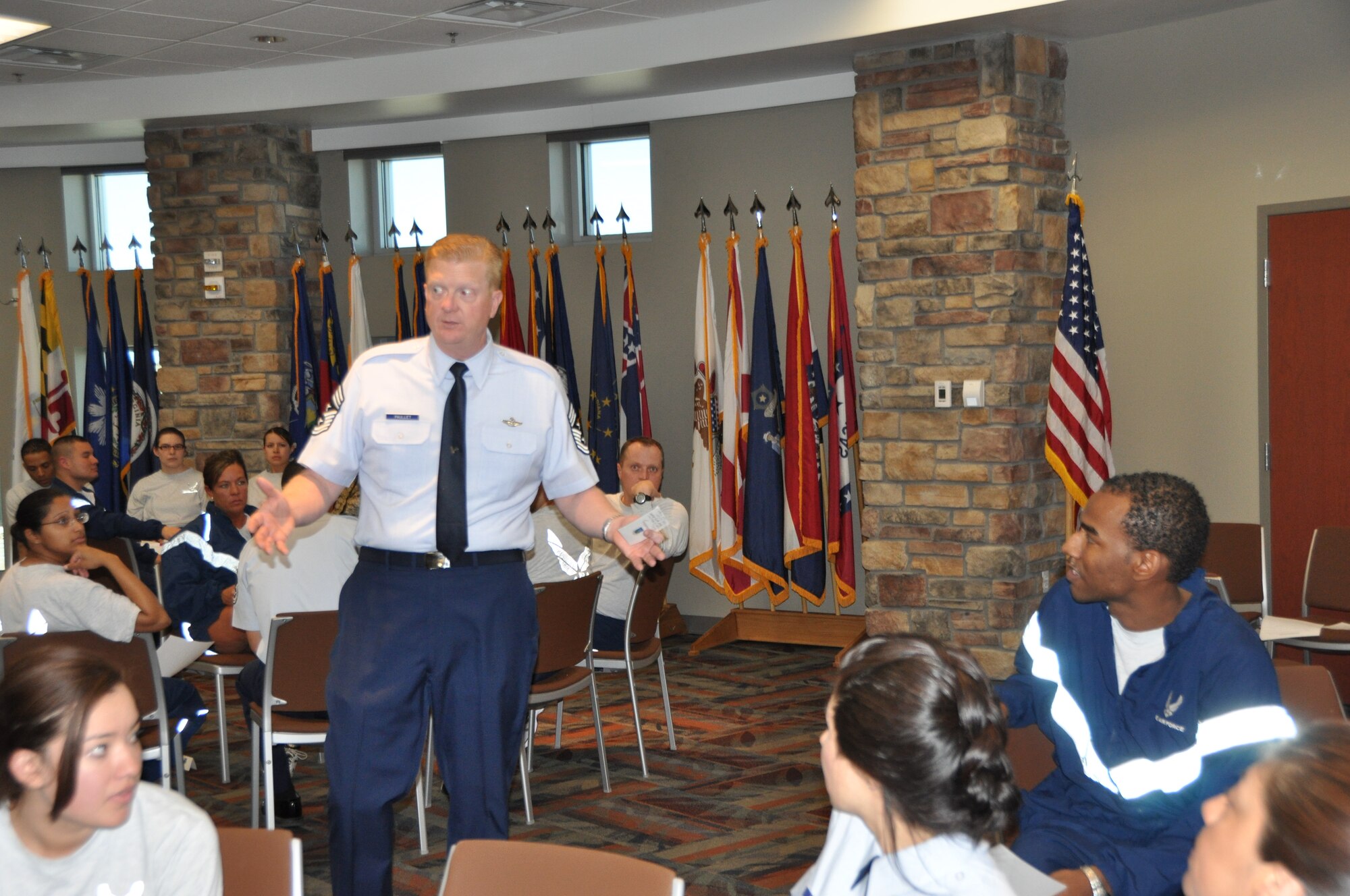 Chief Master Sgt. David Paullet, Air Reserve Personnel Center command chief, hosted a speed mentoring session during an enlisted call March 20, 2012, on Buckley Air Force Base, Colo. Paullet provides leadership and guidance as the commander's senior enlisted representative to more than 400 active duty, Guardsmen, civilian employees and Reserve enlisted members. (U.S. Air Force photo/Tech. Sgt. Rob Hazelett)