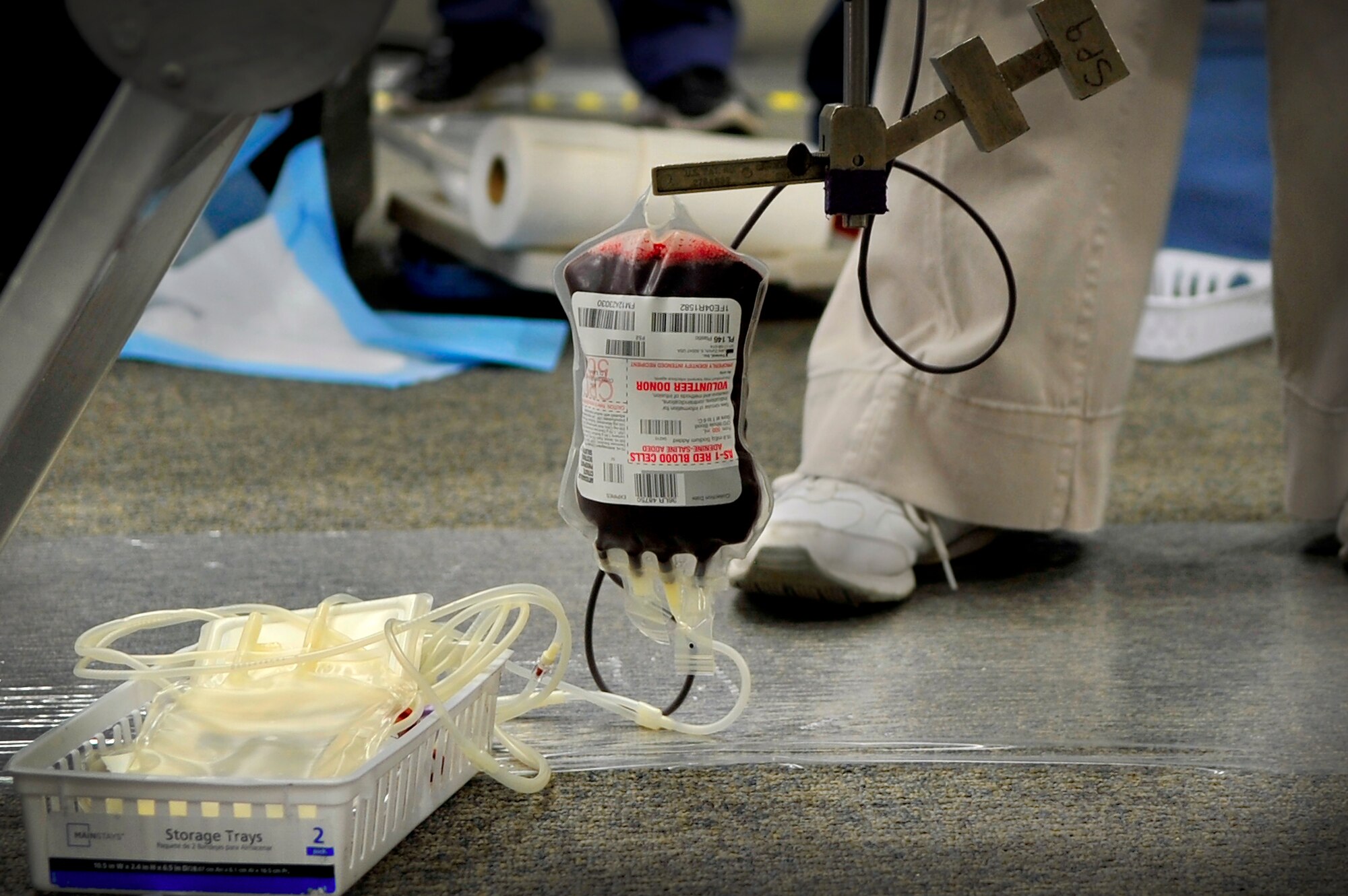 Blood being given a member of Team Shaw collects in a bag at the Community Center at Shaw Air Force Base, S.C., March 14, 2012. The blood drive is sponsored by the 20th Fighter Wing and is held four times annually. (U.S. Air Force photo by Airman Nicole Sikorski/Released)
