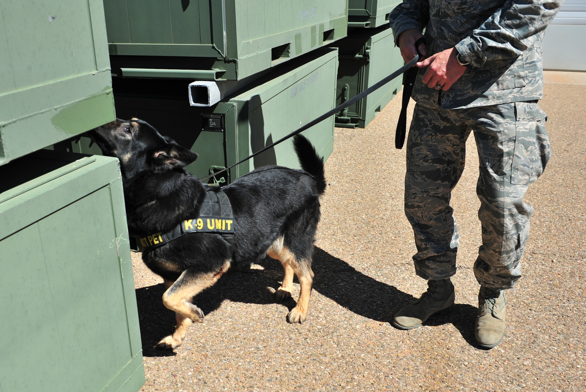 U.S. Air Force Staff Sgt. Adam Wylie, 27th Special Operations Security Forces Squadron military working dog handler, conducts a detection exercise with K-9 unit Dino K014 near a warehouse at Cannon Air Force Base, N.M., March 15, 2012. All K-9 units assigned to Cannon are dual purpose patrol and detections canines responsible for protecting base personnel and resources. (U.S. Air Force photo by Airman 1st Class Alexxis Pons Abascal)