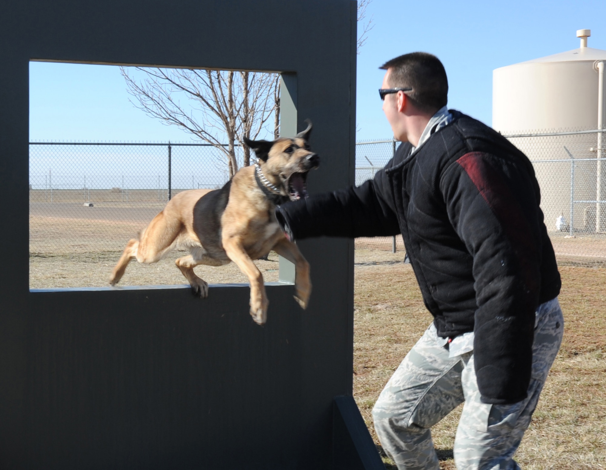 U.S. Air Force Staff Sgt. Kenneth Holt, 27th Special Operations Security Forces Squadron military working dog handler, practices suspect take-down bite drills with K-9 unit Ben K326 at an obstacle course for MWDs at Cannon Air Force Base, N.M., March 15, 2012. All K-9 units assigned to Cannon are dual purpose patrol and detections canines responsible for protecting base personnel and resources. (U.S. Air Force photo by Airman 1st Class Alexxis Pons Abascal) 