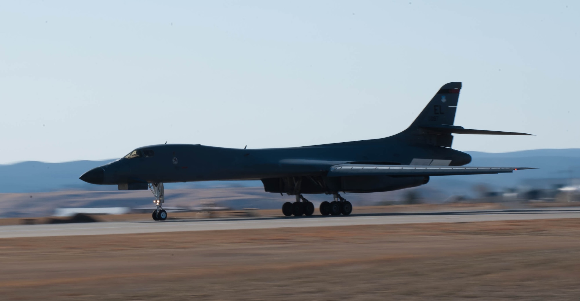 A B-1 bomber lands on the flightline during an Operational Readiness Exercise at Ellsworth Air Force Base, S.D., March 15, 2012. The ORE covered a wide range of B-1 operations designed to test the aircrew’s ability to deliver precision and non-precision air strikes against enemy forces, anywhere in the world. (U.S. Air Force photo by Airman 1st Class Zachary Hada/Released)