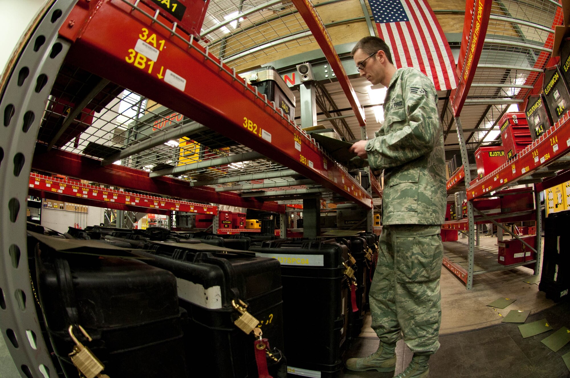 Senior Airman Dakota Normand, 28th Aircraft Maintenance Squadron composite tool kit specialist, inventories equipment during an Operational Readiness Exercise at Ellsworth Air Force Base, S.D., March 14, 2012. Normand and other CTK specialists are responsible for maintaining and inventorying replacement tools. (U.S. Air Force photo by Airman 1st Class Zachary Hada/Released)