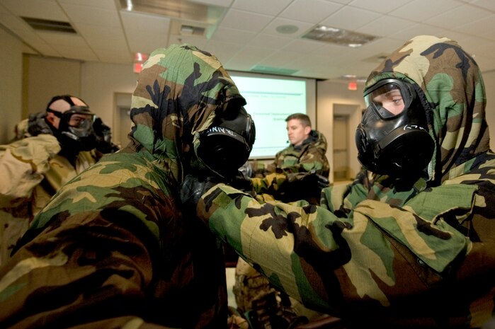 More than 150 Airmen from the 99th Air Base Wing simulated a deployment to test basic knowledge such as self-aid and buddy care, and chemical biological radioactive nuclear and explosive (CBRNE) responses March 19, 2012, at Nellis Air Force Base, Nev. The Operation Readiness Exercise evaluated the strengths and weaknesses of the wing's deployment system. (U.S. Air Force photo by Airman 1st Class Daniel Hughes)