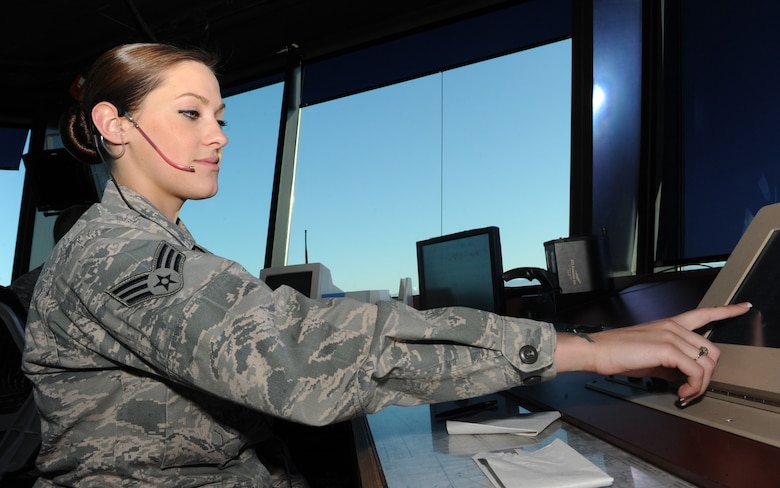 U.S. Air Force Senior Airman Jennifer Bradshaw, 366th Operations Support Squadron air traffic controller, controls the skies while on duty March 7, 2012, at Mountain Home Air Force Base, Idaho. Air traffic control is arguably one of the most stressful jobs in the Air Force. (U.S. Air Force photo/Airman 1st Class Shane M. Phipps)