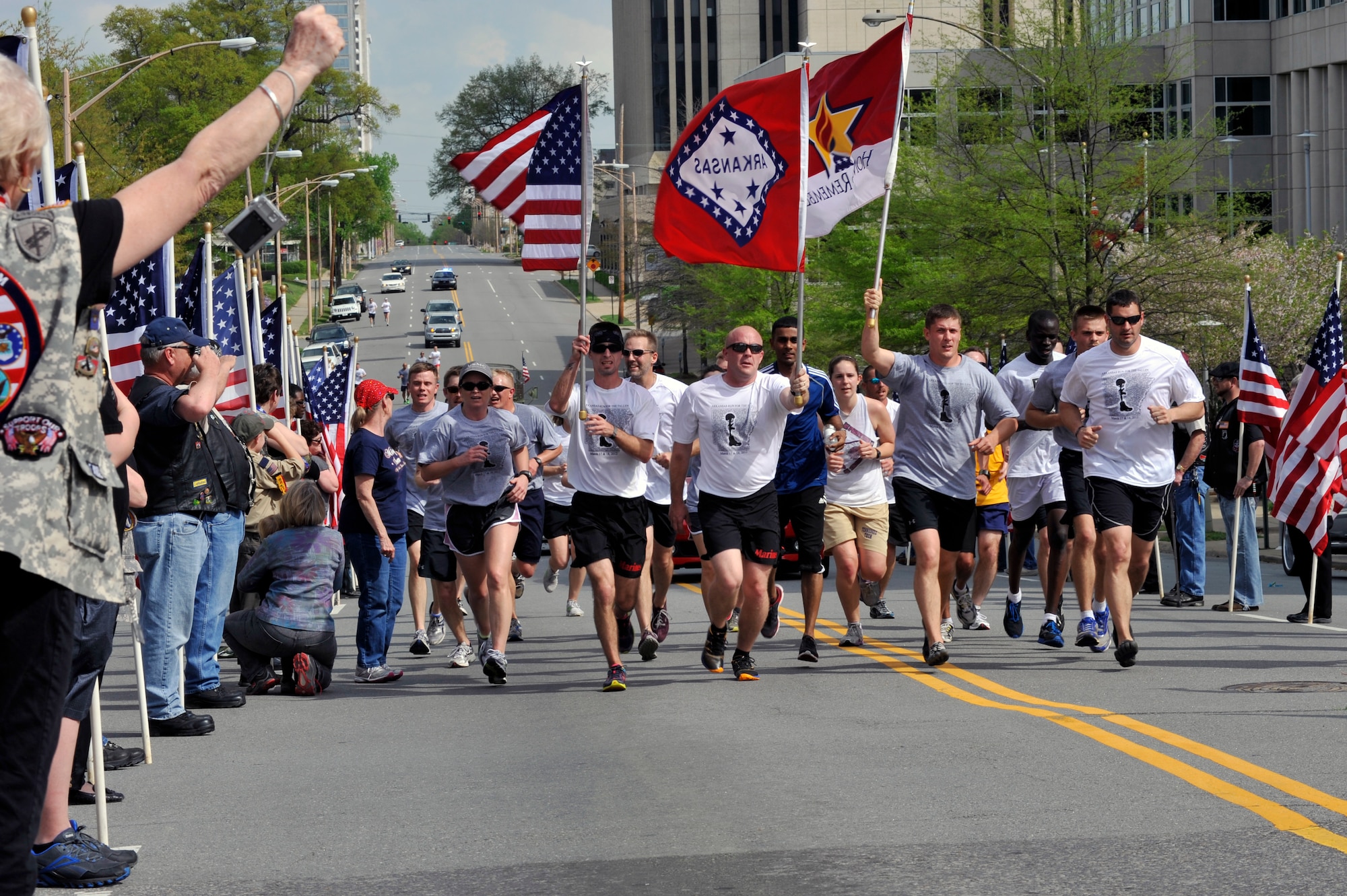 Military members participate in the first Arkansas Run for the Fallen in Little Rock, Ark., March 18, 2012. The run was held to honor the military service members from Arkansas that gave their lives in service of their country. (U.S. Air Force photo by Airman 1st Class Rusty Frank)