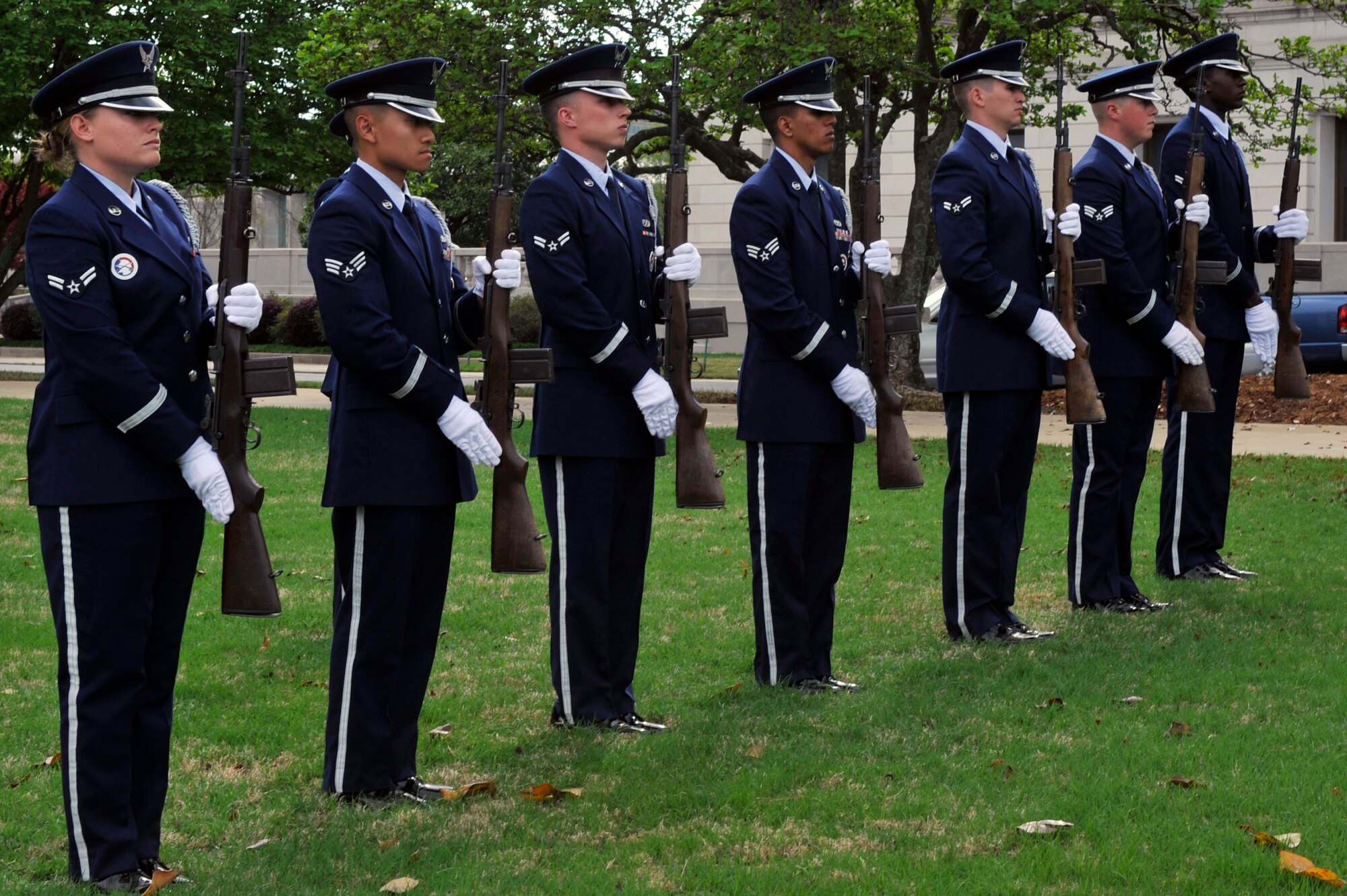 The Little Rock Air Force Base Honor Guard presents arms during the Arkansas Run for the Fallen March 18, 2012, in Little Rock, Ark. The run was created to remember and honor the lives of fallen service members. (U.S. Air Force photo by Airman 1st Class Rusty Frank)