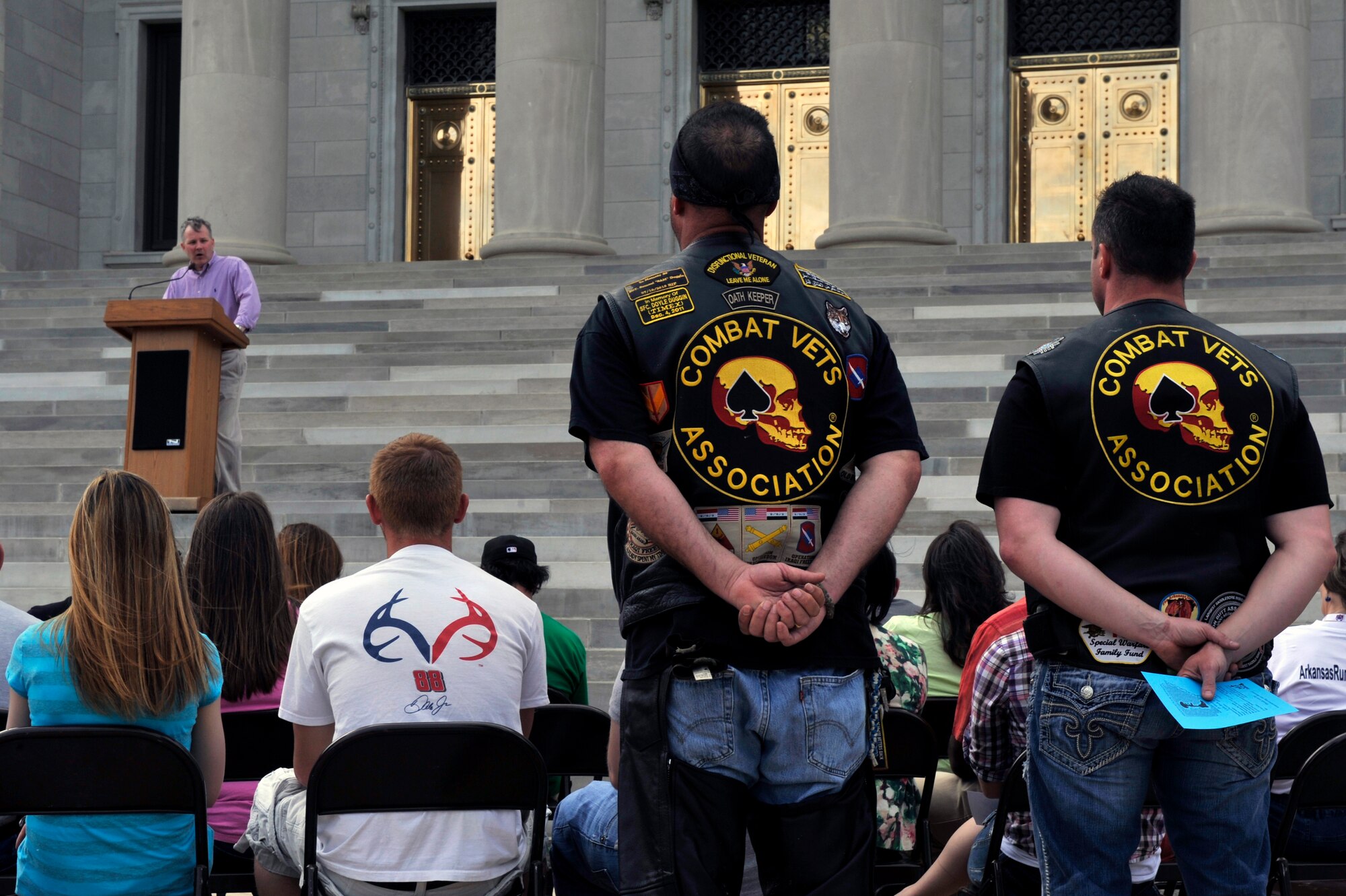 Arkansas community members and military members listen to Congressman Tim Griffin during the Arkansas Run for the Fallen in Little Rock, Ark., March 18, 2012. After the run, a ceremony was held at the state capitol where the names of the Arkansas fallen service members were read. (U.S. Air Force photo by Airman 1st Class Rusty Frank)