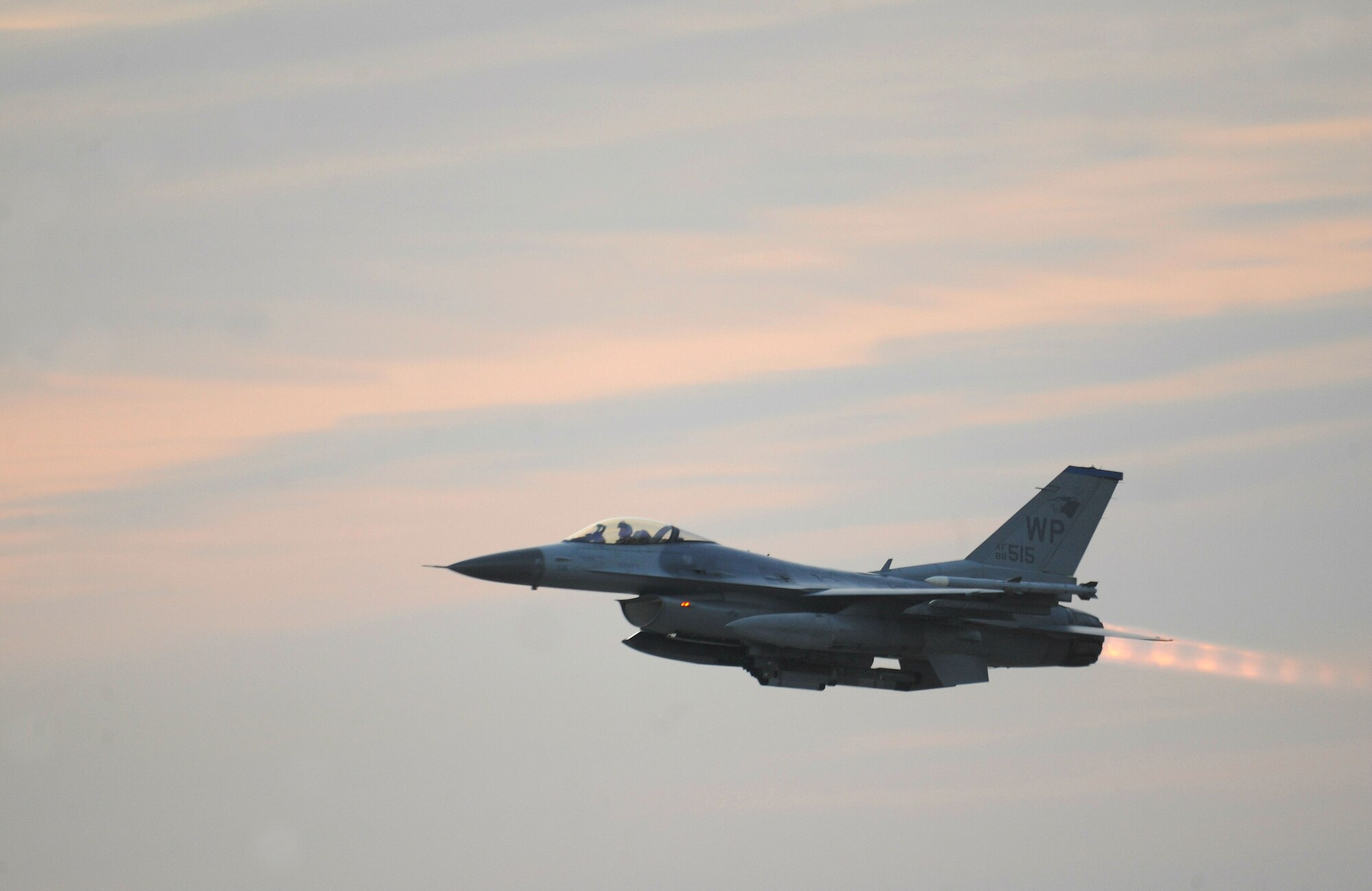 An F-16 Fighting Falcon launches at dawn from Kunsan Air Base, Republic of Korea, during an operational readiness exercise, March 20, 2012. Exercises help ensure the skills and capabilities of operators, maintainers and supporting agencies of the Wolf Pack can operate effectively and safely in  wartime conditions. (U.S. Air Force photo by Staff Sgt. Rasheen A. Douglas/Released)
