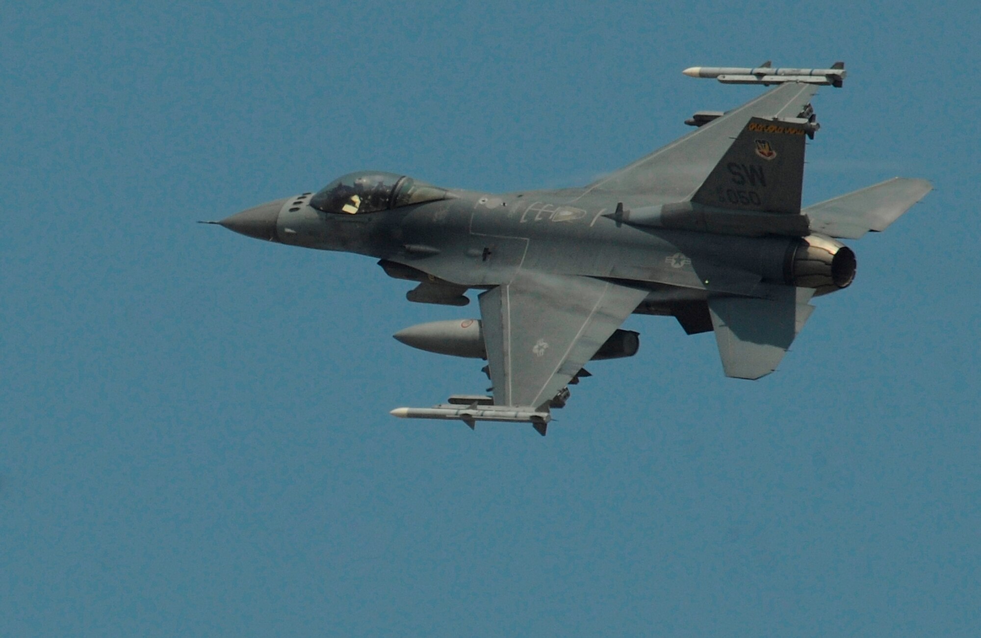 A U.S. Air Force fighter pilot takes flight in an F-16 Fighting Falcon assigned to the 35th Fighter Squadron from Kunsan Air Base, Republic of Korea, March 15, 2012. He and other Air Force fighter pilots from the 35th FS, participated in air-to-air training with F/A-18D Hornet pilots from the Marine All Weather Fighter Attack Squadron 121, Marine Corps Air Station Miramar, Calif.,  (U.S. Air Force photo by Staff Sgt. Rasheen Douglas/Released)