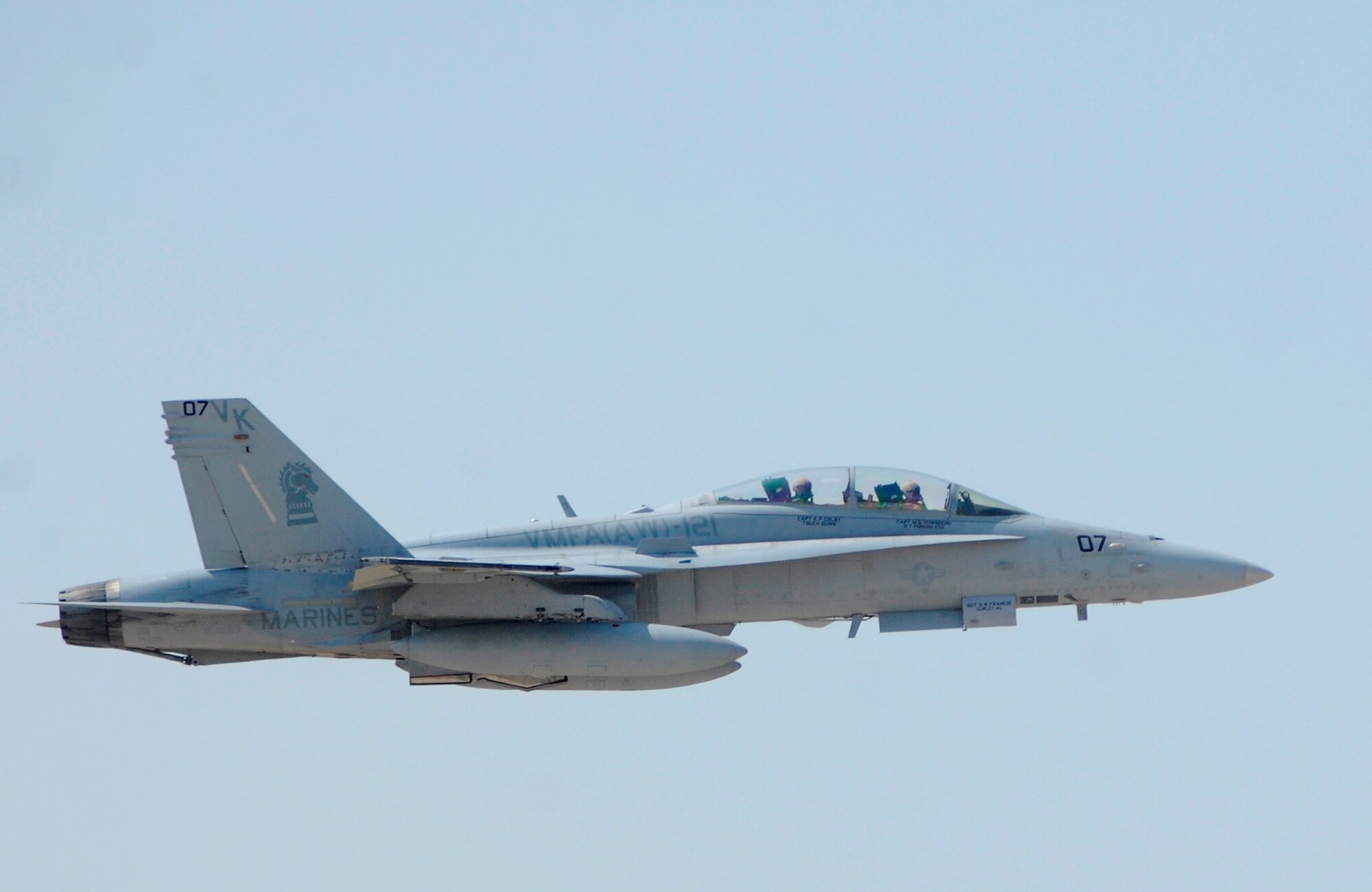 U.S. Marine Corps fighter pilots assigned to the Marine All Weather Fighter Attack Squadron 121, fly their F/A-18D Hornet to participate in air combat training at Kunsan Air Base, Republic of Korea, March 15, 2012. The USMC pilots participated in air-to-air training with F-16 Fighting Falcon fighter pilots from the 35th Fighter Squadron at Kunsan AB. (U.S. Air Force photo by Staff Sgt. Rasheen Douglas/Released))