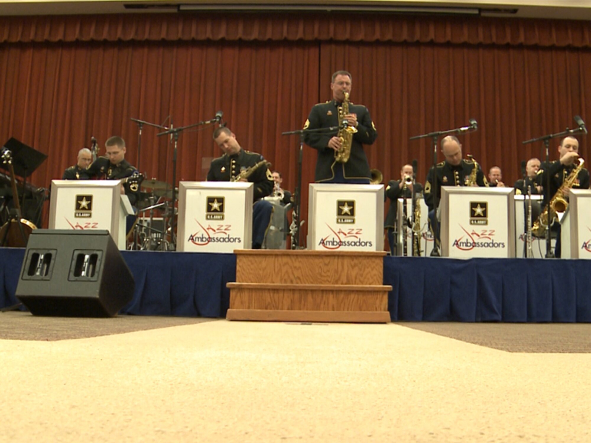 SAN ANGELO, Texas -- The Army’s Jazz Ambassadors, a military entertainment group, visited San Angelo March 11. They played a jazz performance in the Angelo State University auditorium to an audience of more than 200 service members and San Angelo citizens. The group, which is composed of trumpet players, drummers, pianists and several other talented Soldiers, performs to honor military tradition and bring the message of the All-American genre of jazz music to the public. (U.S. Air Force photo/ Senior Airman Michelle Schneider)

 
