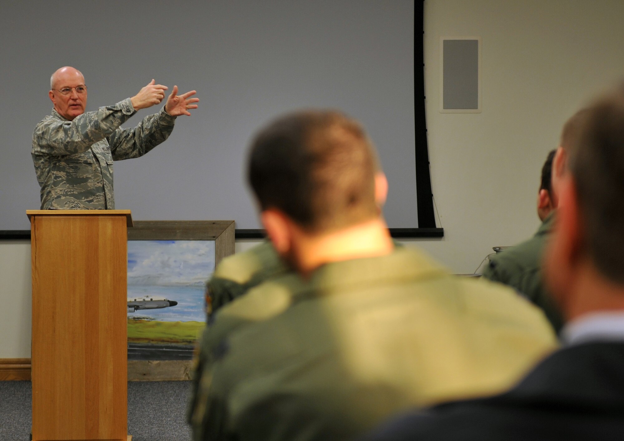 Chaplain (Maj. Gen.) Cecil Richardson gave a resiliency briefing to Airmen at the 45th Reconnaissance Squadron Haun Auditorium at Offutt Air Force Base, Neb., March 16. Richardson currently serves as the U.S. Air Force chief of chaplains in Washington D.C. (Photo by Jeff Gates/Released)