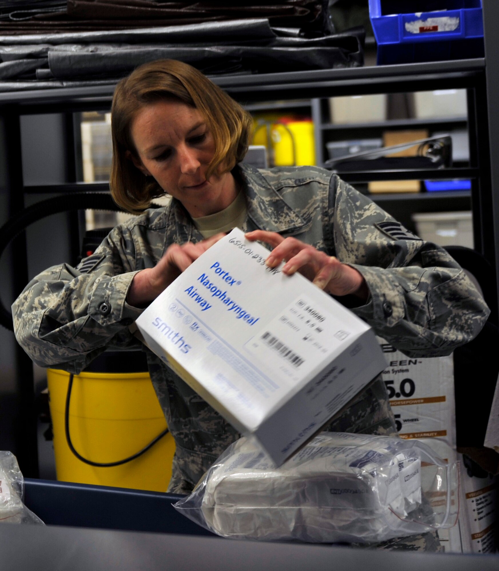 Tech. Sgt. Brandy Hill, a 19th Medical Support Squadron medical logistics flight chief, inventories chemical, biological, nuclear, and radiological assets March 19, 2012, at Little Rock Air Force Base, Ark. Hill, and the 19th Medical Group were ranked No. 1 in Air Mobility Command for medical logistics CBRN projects. (U.S. Air Force photo by Airman 1st Class Rusty Frank)