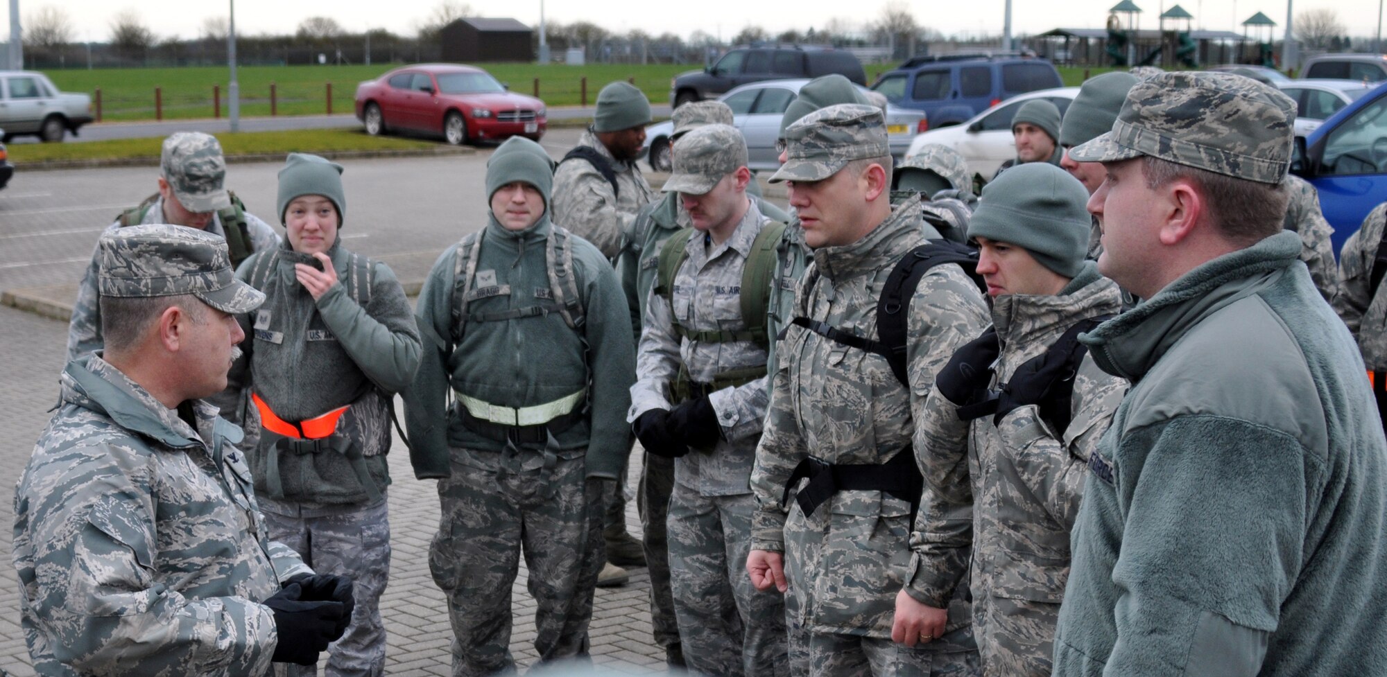 RAF MILDENHALL, England -- Col. Gary McCollum, 352nd Special Operations Group commander, addresses members of the group March 5, 2012, before they began a 6.7-mile ruck march to commemorate Operation Thursday.  This operation marked the first time an air unit was designed to support a ground unit and led to the formation of the 352nd SOG’s predecessor, the 2nd Air Commando Group.  (U.S. Air Force photo/Master Sgt. Marelise Wood)