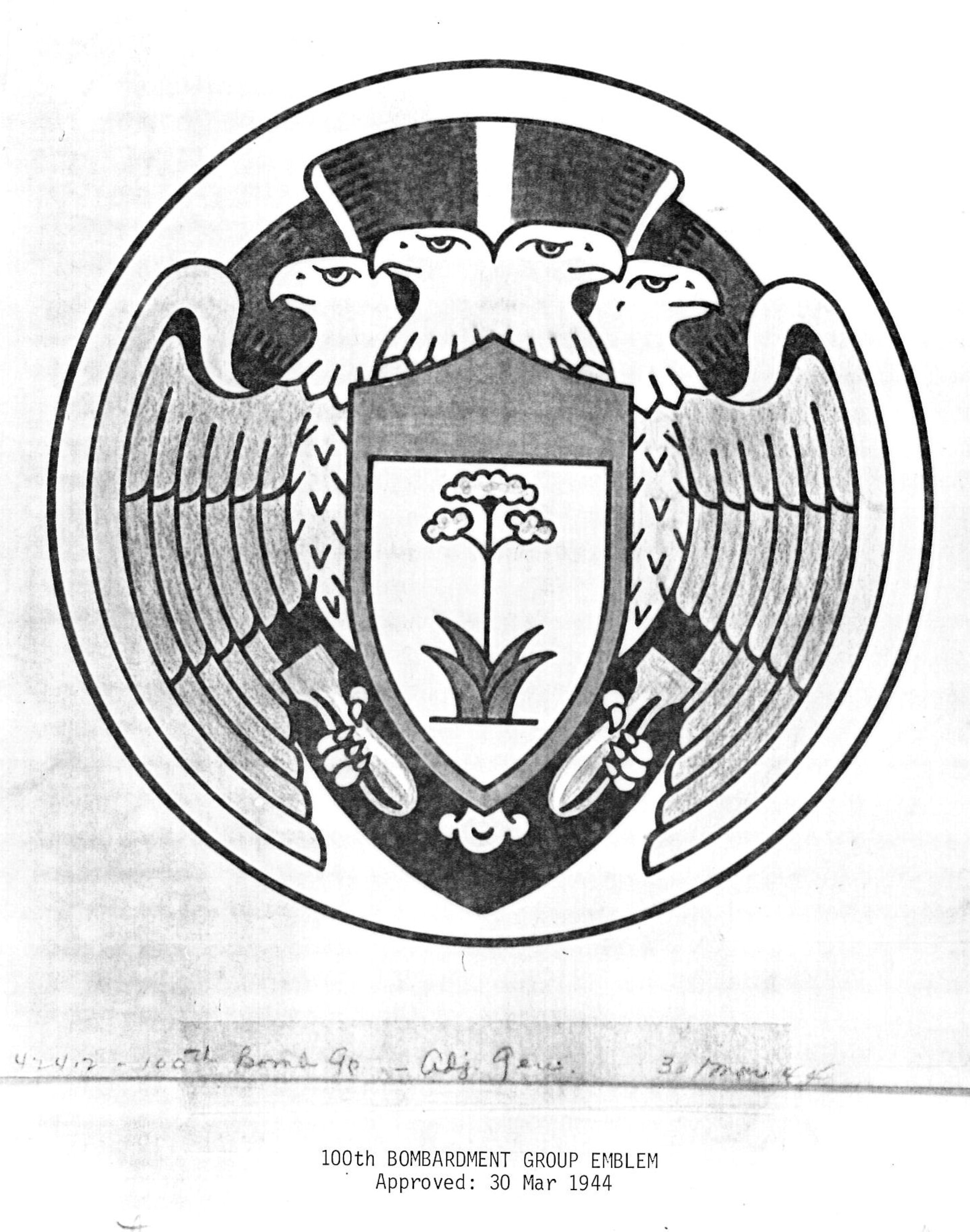 RAF MILDENHALL, England – The official emblem of the 100th Bomb Group was approved in March 1944, 68 years before it was affixed to the nose of the 100th BG’s successor, the 100th Air Refueling Wing.  The four-headed eagle represents the four squadrons of the original 100th BG. The blue background stands for the clear skies of the 100th’s perilous daylight bombing missions.  The cloud under the eagle represents the many hours flying tight formation through dense cloud cover.  The eagle’s wings are gold because the 100th’s cause is just.  The eagle’s talons are each clutching a bomb of justice.  The red shield represents the blood of freedom and the ultimate sacrifice paid by the young Airmen of the 100th BG.  The shield’s standard is a century plant which blooms once every hundred years, representing the unit’s nickname “Century Bombers” and now, “Century Tankers.” (File photo)