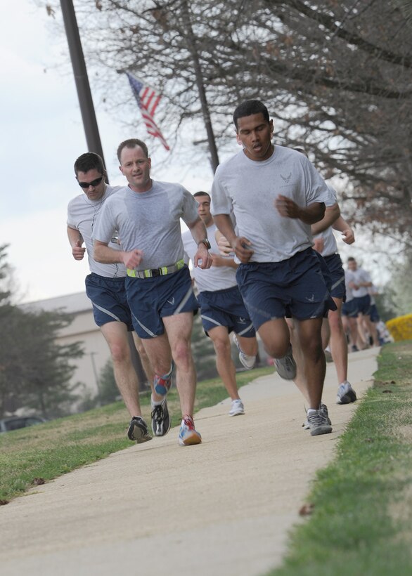 Col. Ken Rizer, 11th Wing/Joint Base Andrews commander, participates in a base-wide "fun run" for the Air Force Assistance Fund kick-off at Andrews, Md., on March 19. Various Units from Andrews and Joint Base Anacostia-Bolling, D.C., participated in the 2-mile run. (U.S. Air Force photo/ Staff Sergeant Matt Coleman-Foster)