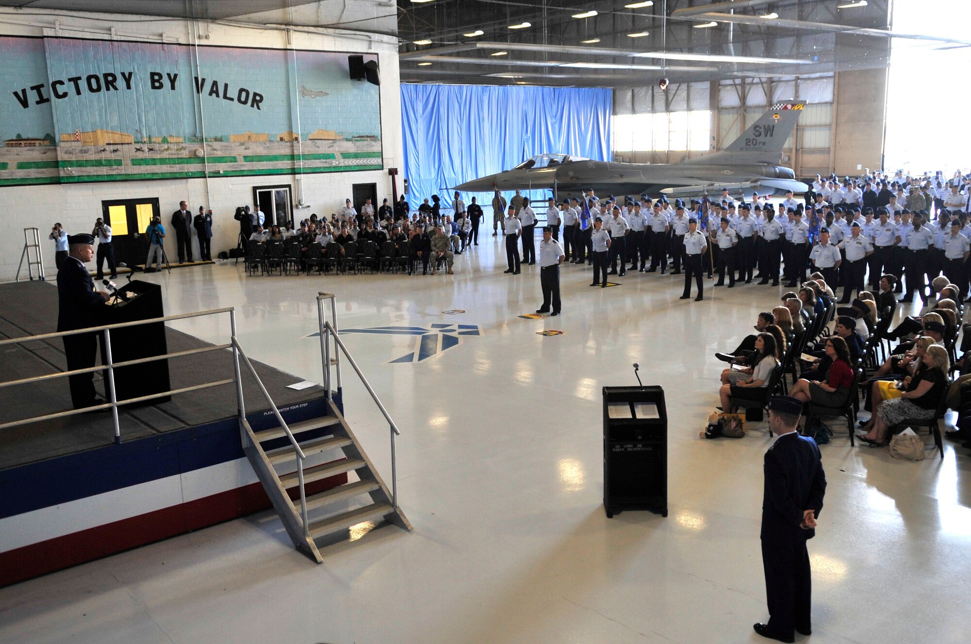 U.S. Air Force Airmen gather for a change of command ceremony at Shaw Air Force Base, S.C., Mar. 19, 2012.  During this ceremony, Col. Charlie Moore, passed his title as the base commander to Col. Clay Hall.(U.S. Air Force photo by Airman Nicole Sikorski/Released)