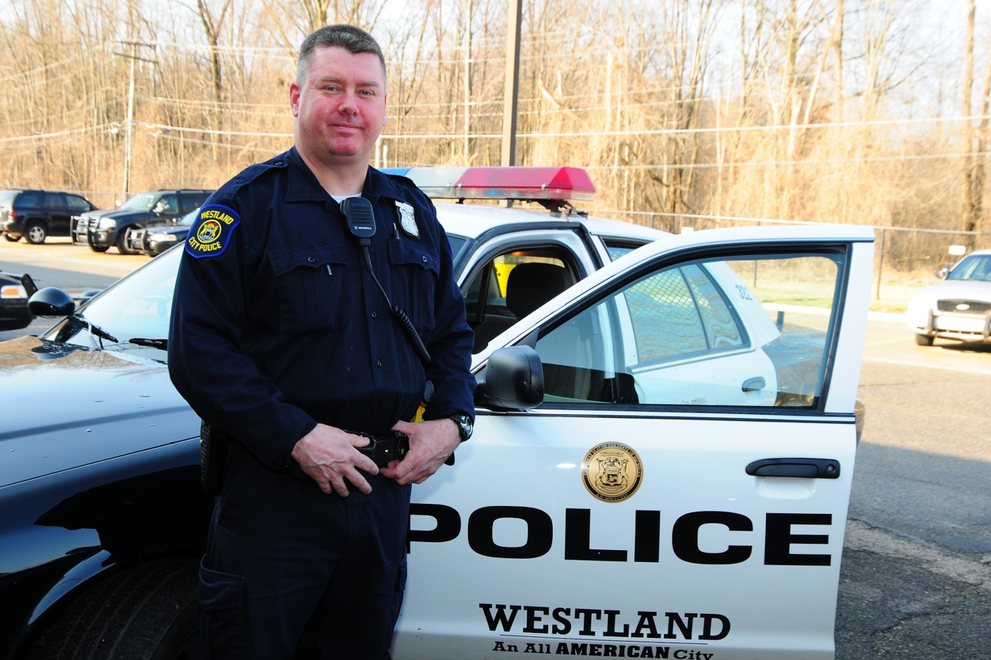 Westland, Mich., Police Officer Tim Horvath prepares to begin his patrol duties in the suburban Detroit community. Horvath is also a senior master sergeant in the Michigan Air National Guard, serving with the 127th Civil Engineer Squadron at Selfridge Air National Guard Base. “So many people learn and grow from their experiences in the National Guard, I would just hate to see fewer of those opportunities in the future,” he said. (U.S. Air Force photo by SSgt. Rachel Barton)