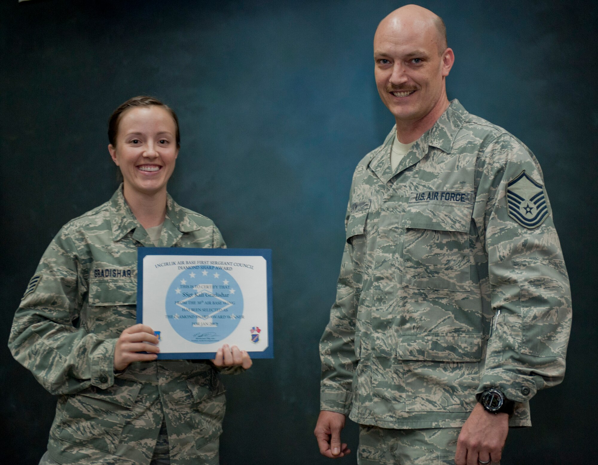Staff Sgt. Kali Gradishar, 39th Air Base Wing, left, is presented the
January 2012 Diamond Sharp Award by members of the Incirlik First Sergeant
Council March 7, 2012, at Incirlik Air Base, Turkey. Gradishar earned the
monthly award by distinguishing herself through outstanding professionalism,
performance and display of the Air Force core values. (U.S. Air Force photo
by Senior Airman Anthony Sanchelli/Released)