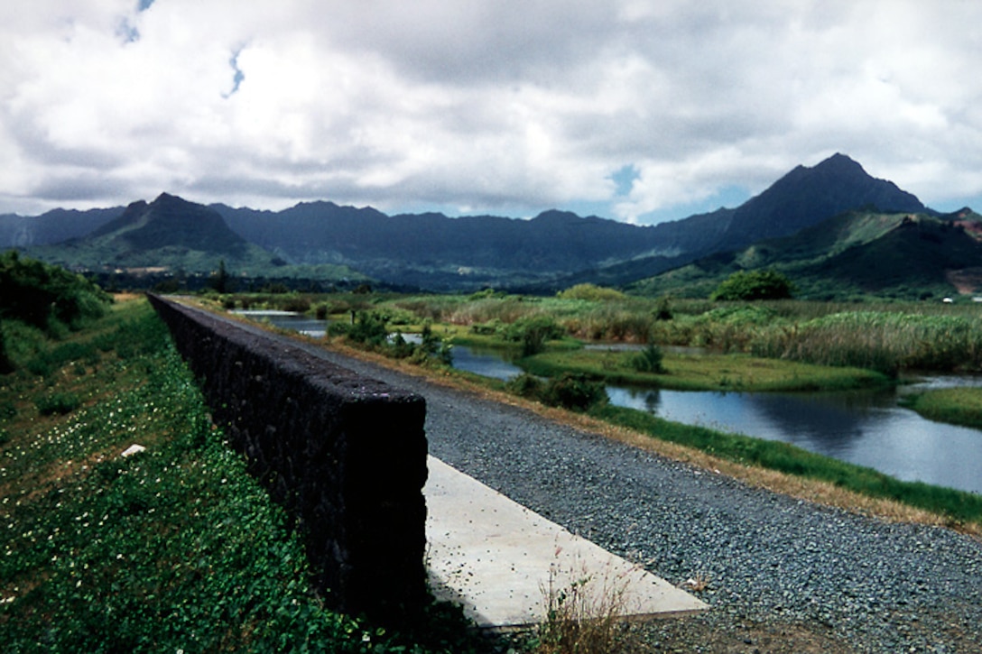 Photograph of the Kawainui Marsh flood control project, located in Kailua on the northeast coast of the island of Oahu. The Corps completed the project in June 1997. 