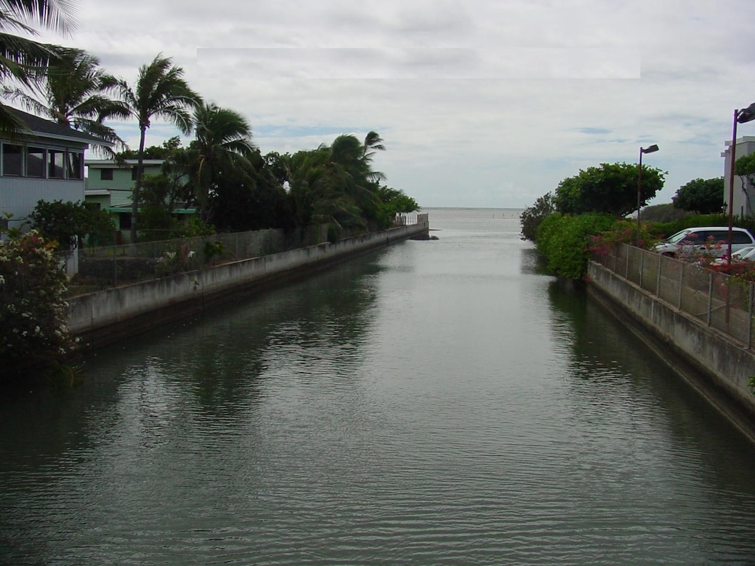 View looking downstream at the mouth of Kuliouou Stream.