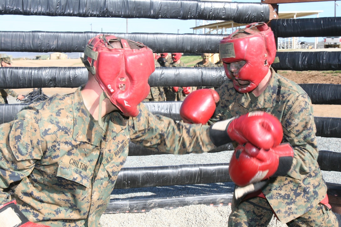 The recruits of Company G, 2nd Recruit Training Battalion battle each other at the body sparring event on the Crucible at Weapons and Field Training Battalion, Marine Corps Base Camp Pendleton March 20 . The Crucible is a 54-hour simulated field training exercise which requires recruits to apply everything they have learned in recruit training to real-life combat situations. This is the final test recruits go through before receiving their Eagle, Globe and Anchor and becoming Marines.