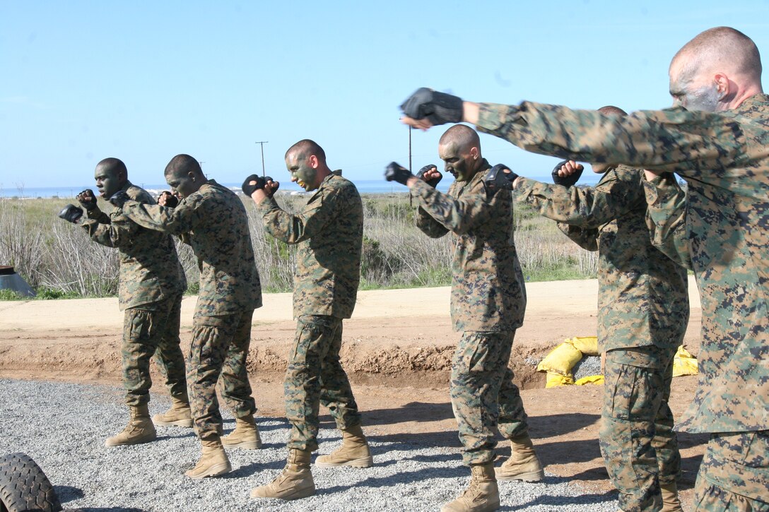 The recruits of Company G, 2nd Recruit Training Battalion practice the lead hand punch at the body sparring event at Weapons and Field Training Battalion, Marine Corps Base Camp Pendleton March 20. The recruits execute different techniques while waiting their turn to fight an opponent in the ring. The event shows recruits they can still fight and defend themselves while exhausted.