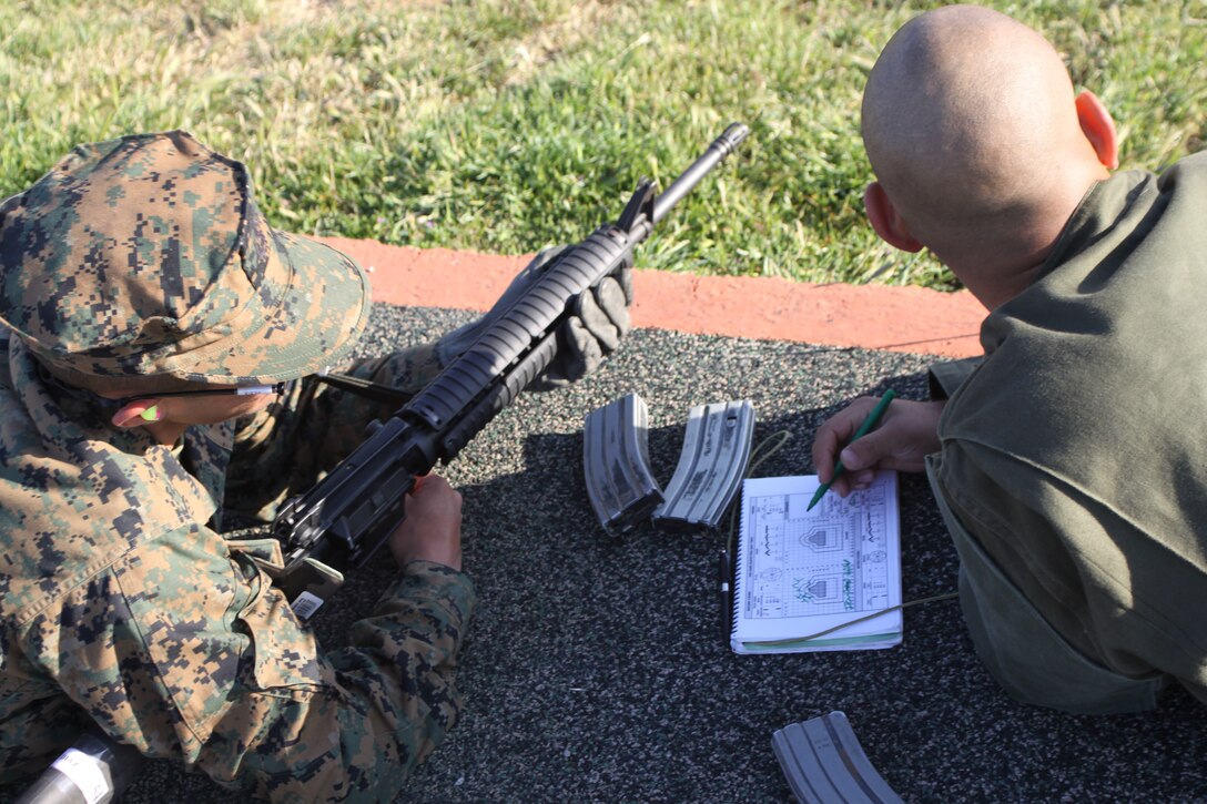 Recruit Cristos Diaz, Platoon 3254, Company L, 3rd Recruit Training Battalion, shoots from the prone position on Delta Range, Edson Range, Weapons and Field Training Battalion, Marine Corps Base Camp Pendleton March 20. Campbell was guided on shooting techniques by Cpl. Edgar Alvarez, primary marksmanship instructors,Edson Range, Weapons and Field Training Battalion, Marine Corps Base Camp Pendleton to help ensured Campbell and the other Co. L recruits understood how to properly us the M-16 A4 service rifle.