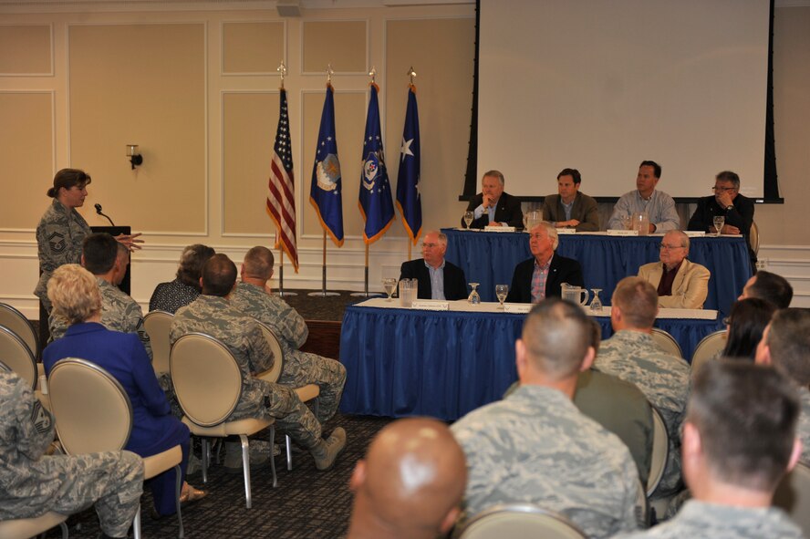 SHAW AIR FORCE BASE, S.C. - 20th Medical Group Superintendent, Senior Master Sgt. Robin M. Brooks (left), speaks to city civic leaders of Sumter, S.C., while attending a civic leader discussion panel at Shaw Air Force Base, S.C. on March 21, 2012. The panel was one of many events held for 9th Air Force Outstanding Professionals of the Year that were visiting the base. Award winners attended a wounded warrior presentation, a civic leader panel discussion, a tour of the Battle of Camden site, a professional development seminar and a banquet in their honor. (U.S. Air Force photo by  Senior Airman Neil Warner/Released)