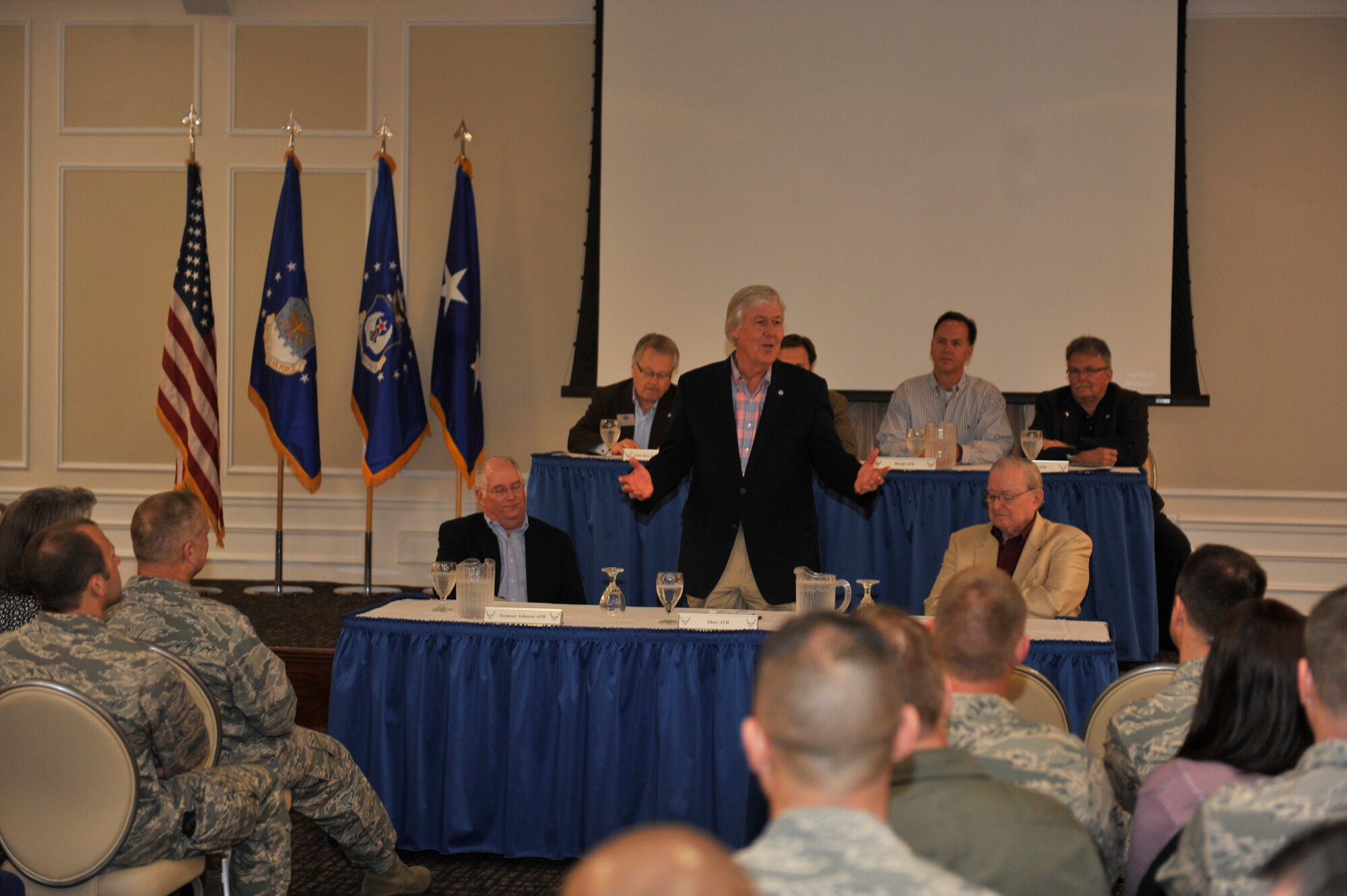 SHAW AIR FORCE BASE, S.C. - Former Sumter Mayor Steve Creech and the current Chairman of the Military Affairs Committee for City Council (center), speaks to the 2011 9th Air Force Outstanding Professionals of the Year (OPY), while attending a civic leader discussion panel at Shaw Air Force Base, S.C. on March 21, 2012. The panel was one of many events held for 9th AF OPY that were visiting the base. Award winners attended a wounded warrior presentation, a civic leader panel discussion, a tour of the Battle of Camden site, a professional development seminar and a banquet in their honor. (U.S. Air Force photo by  Senior Airman Neil Warner/Released)
