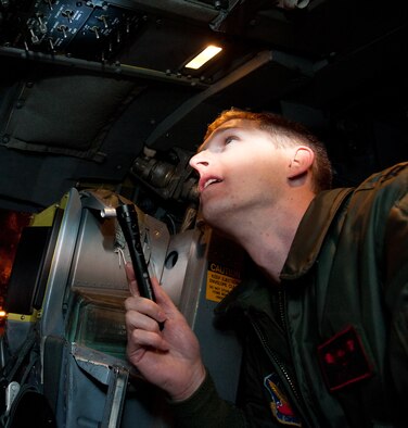 Capt. Jeffry Smith, 34th Bomb Squadron training flight pilot, performs a pre-flight inspection inside the cockpit of a B-1 bomber during an Operational Readiness Exercise at Ellsworth Air Force Base, S.D., March 15, 2012. Several inspections were performed prior to aircraft launches performed as part of the exercise. (U.S. Air Force photo by Airman 1st Class Kate Thornton/Released)