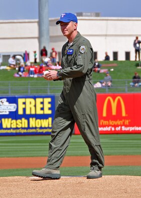 Brig. Gen. William B. Binger, commander, 10th Air Force, threw out the first pitch during a Spring Training game Monday at Surprise Stadium in Ariz. The commander, visiting from Headquarters in Ft. Worth, Texas, donned a Rangers cap for the special event hosted by the City of Surprise. 

"It is an honor to have our Air Force partners here with us," said Surprise Mayor Sharon Wolcott. "We are so proud of our military members stationed right here at Luke Air Force Base, it is wonderful to be able to just get out and share the great American past-time of baseball with our men and women in uniform." 

"This was wonderful!" said General Binger, who admits he is fond of the West Valley and enjoys getting back to Arizona for flight currency training. 

"I got to fly this morning and enjoy this game this afternoon, this is a good day," he said. "I owe a huge thanks to the City of Surprise for their kindness and hospitality. The 944th Fight Wing is lucky to have such outstanding community support." 