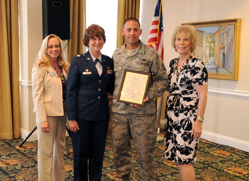 Tampa, Fla. -- One of the 92th's own was recognized by the South Tampa Chamber of Commerce for his contribution to the wing's success.  Technical Sgt. Jumar Garcia, a pneudraulic mechanic with the 927th Maintenance Squadron, was recognized by the chair of the South Tampa Military Affairs Committee Teresa Foss, the commander of the 927th Maintenance Squadron Lt. Col. Dorneen Shipp, and the Chairperson of the Board of Memorial Hospital Paddy Moses.  (Official U.S. Air Force photo by Staff Sgt. Shawn Rhodes)