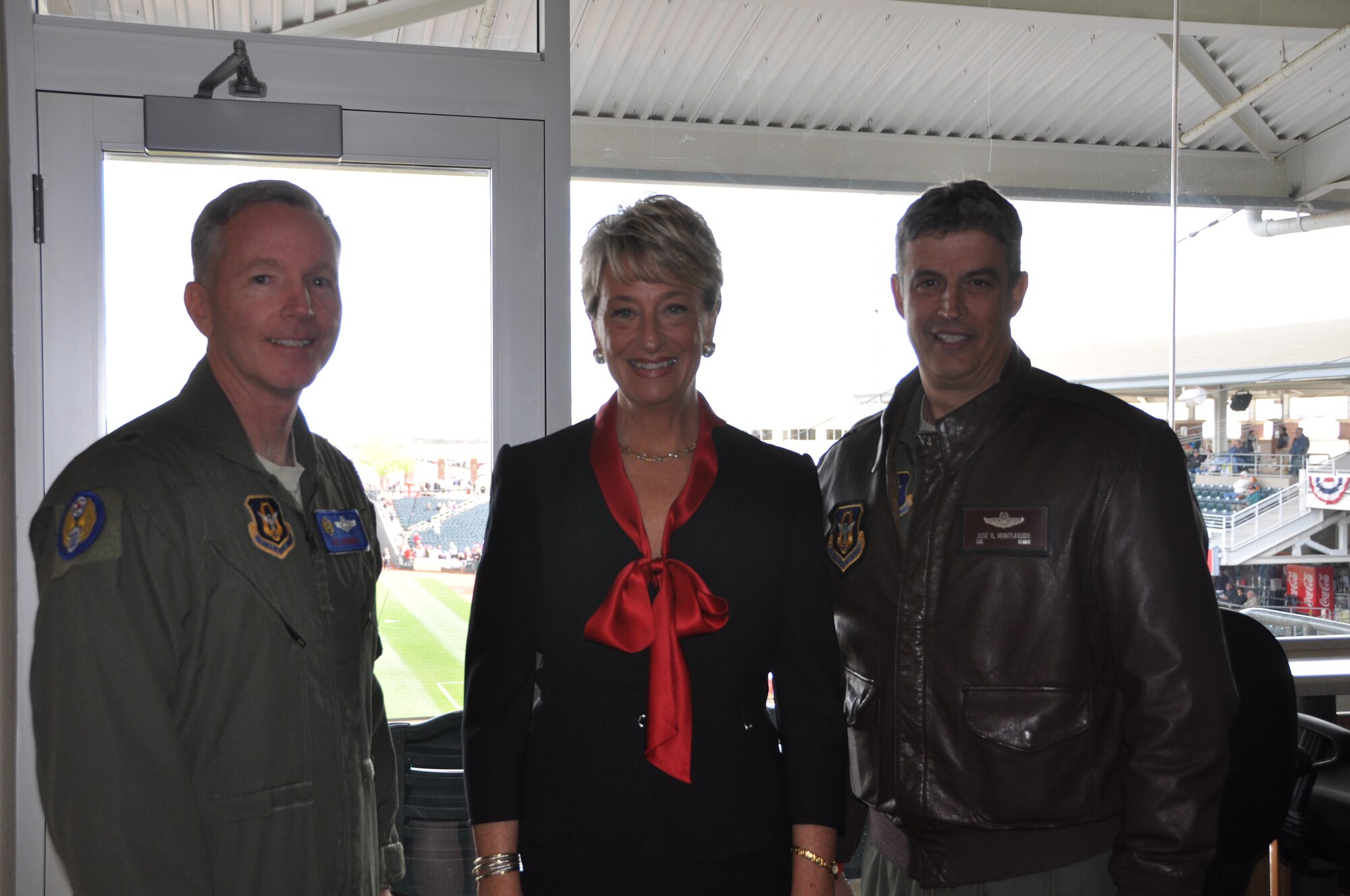 Brig. Gen. William B. Binger, commander, 10th Air Force, was welcomed to Arizona's West Valley by the mayor of Surprise, Ariz., the honorable Sharon Wolcott and Col. Jose Monteagudo, commander, 944th Fighter Wing, Luke Air Force Base, Ariz., March 19 at Surprise Stadium in Surprise. (U.S. Air Force Photo by Staff Sgt. Denis Willhite)  
