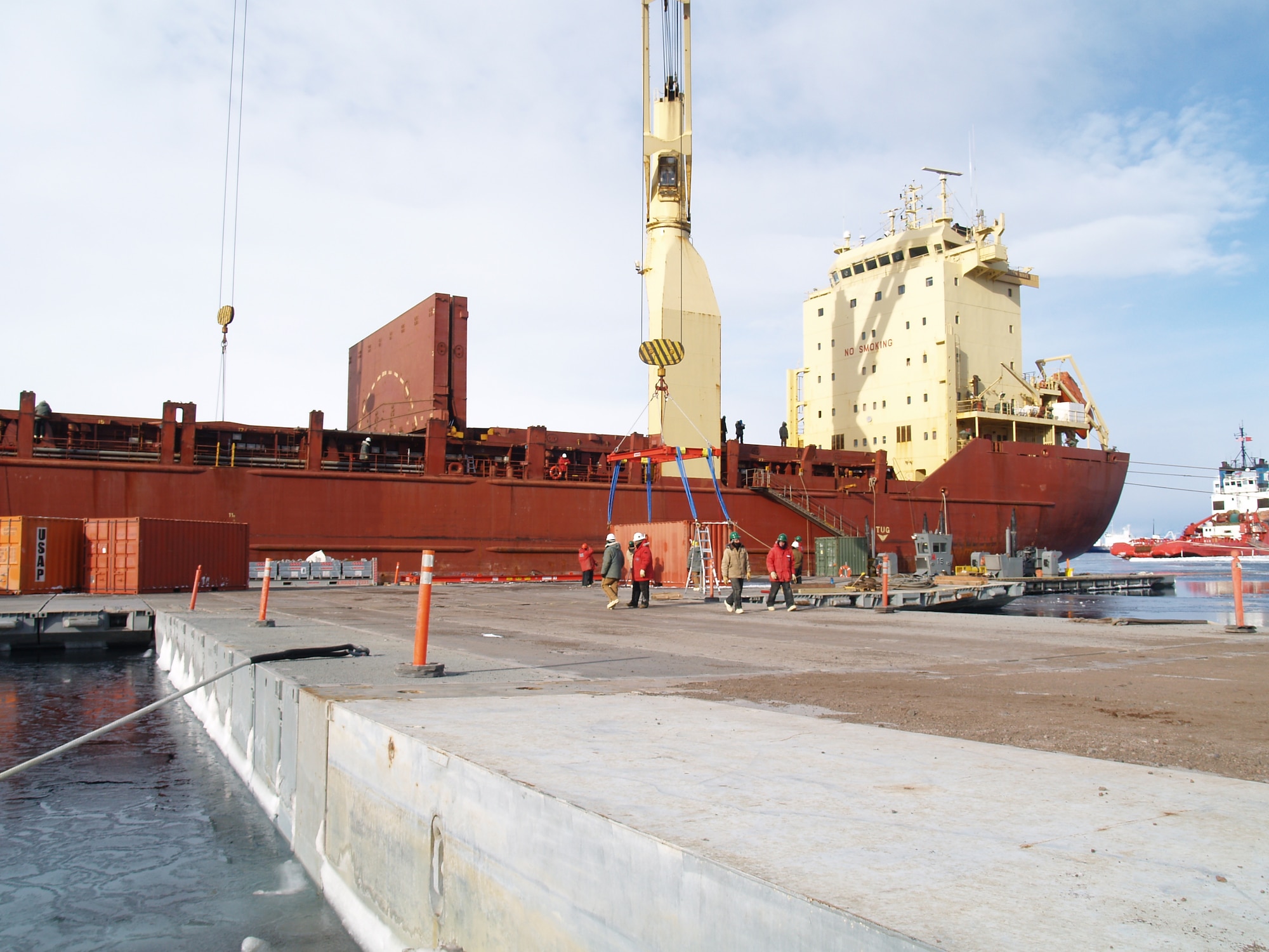 A U.S. Army Modular Causeway System is used during Operation New Dawn to aid in the delivery of incoming and retrograde cargo totaling 15.5 million pounds that was handled by members of the Joint Task Force – Support Forces, Antarctica. Operation Deep Freeze is the Department of Defense's support activity to the National Science Foundation.  The U.S. Army’s 331st Transportation Company, falling under the 7th Sustainment Brigade based at Fort Eustis, Va., responded to a request from the NSF for assistance. The 331st TC is responsible for the operation of the Modular Causeway System in Logistics over the Shores missions worldwide.  This was the first time the company worked in Antarctica.   (Courtesy photo)
