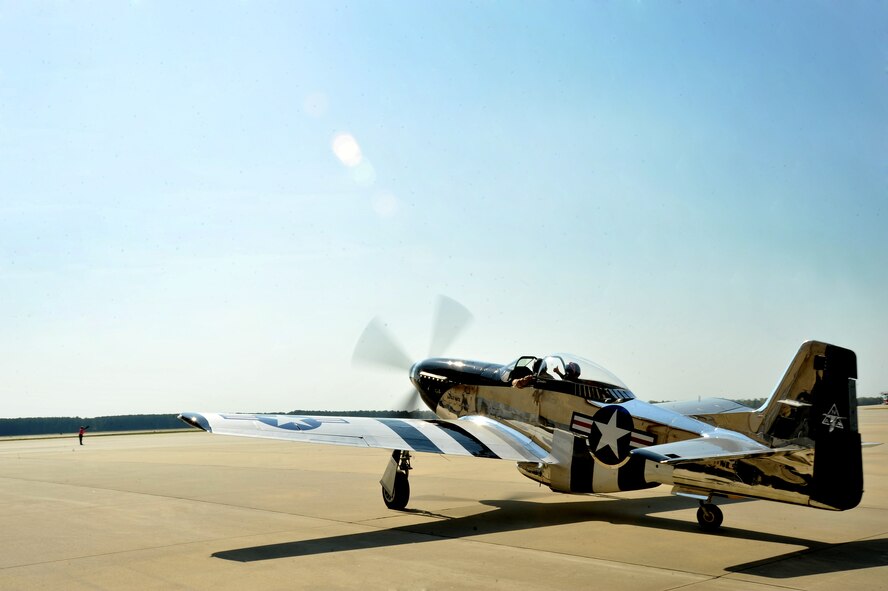 A P-51 Mustang prepares to takeoff from the Shaw flightline, March 19, 2012, Shaw Air Force Base, S.C. The P-51 Mustang "Quick Silver" was restored more than 13 years ago by father and son Bill and Scott Yoak. Yoak's P-51 Mustang will be one of the many aircraft that will perform during the upcoming Shaw Air Expo, May 5-6. (U.S. Air Force photo by Senior Airman Kenny Holston/Released)
