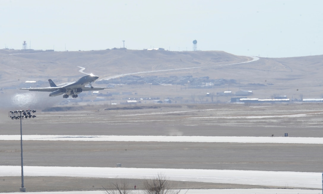 A B-1 bomber takes off for a training mission during an Operational Readiness Exercise at Ellsworth Air Force Base, S.D., March 15, 2012. Ellsworth Airmen generated several B-1 sorties to test the wing’s ability to effectively and efficiently mobilize its aircraft, personnel and resources.  (U.S. Air Force photo by Airman 1st Class Anania Tekurio/Released)