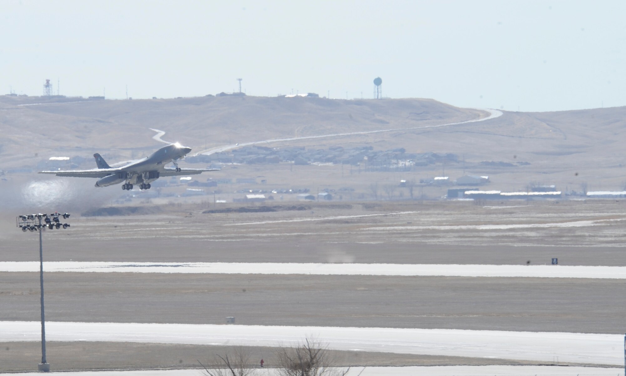 A B-1 bomber takes off for a training mission during an Operational Readiness Exercise at Ellsworth Air Force Base, S.D., March 15, 2012. Ellsworth Airmen generated several B-1 sorties to test the wing’s ability to effectively and efficiently mobilize its aircraft, personnel and resources.  (U.S. Air Force photo by Airman 1st Class Anania Tekurio/Released)