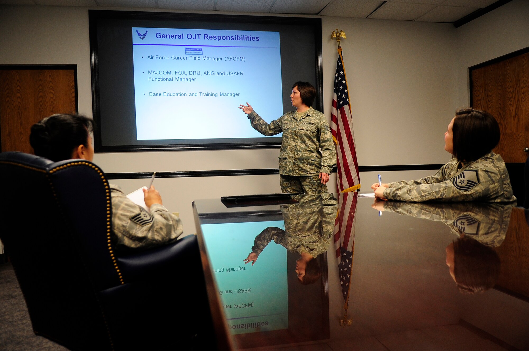 U.S. Air Force Staff Sgt. Samantha Alba, 20th Communications Squadron unit training manager, gives a presentation at Shaw Air Force Base, S.C., March 21, 2012. Alba was selected as this week’s Shaw Spotlight. An Airman is nominated for the Shaw Spotlight weekly due to their outstanding progression and effort in their job. (U.S. Air Force photo by Airman 1st Class Hunter Brady/Released)