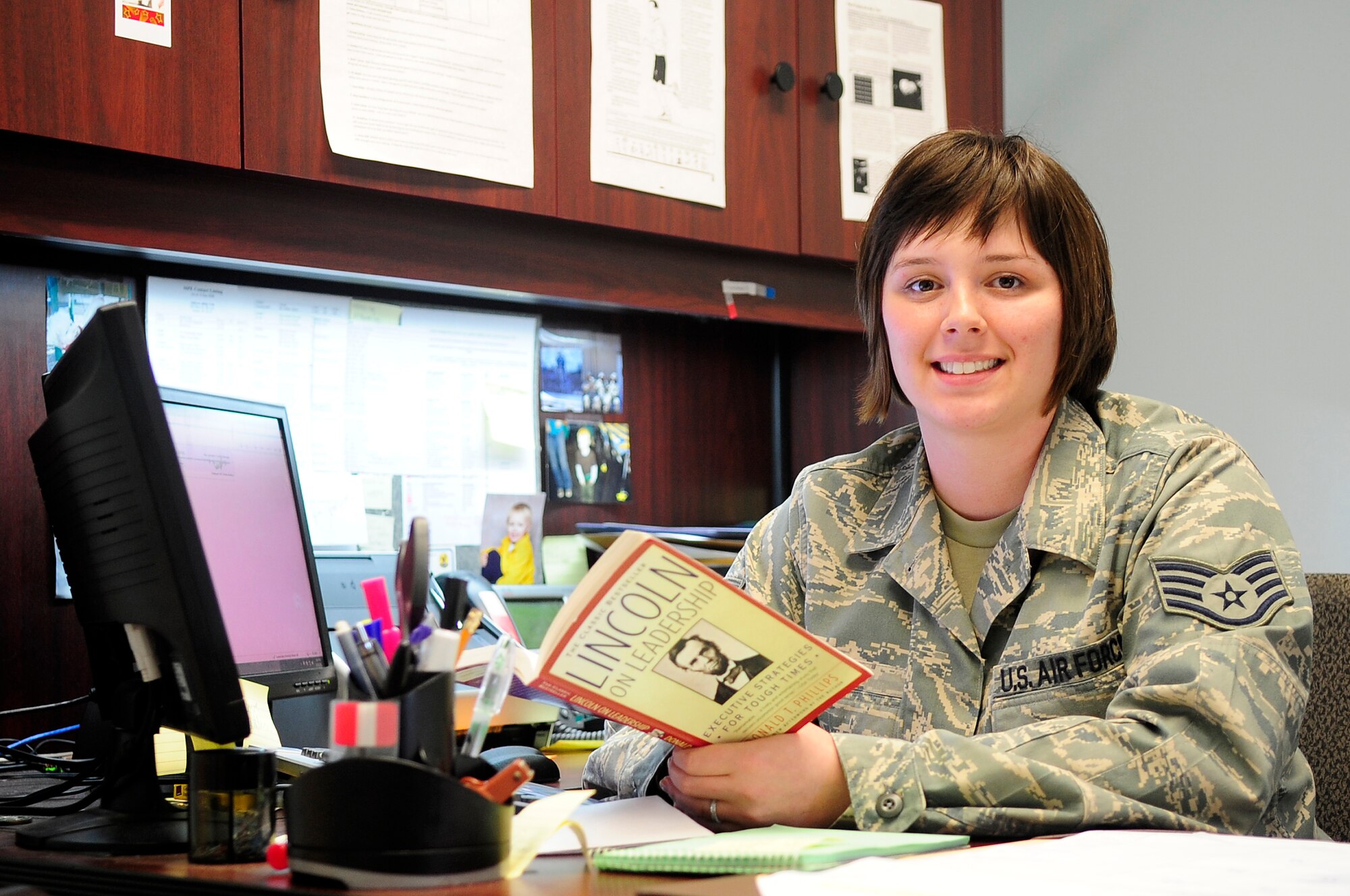 U.S. Air Force Staff Sgt. Samantha Alba, 20th Communications Squadron unit training manager, poses for a photo for the Shaw Spotlight at Shaw Air Force Base, S.C., March 21, 2012. An Airman is nominated for the Shaw Spotlight weekly due to their outstanding progression and effort in their job. (U.S. Air Force photo by Airman 1st Class Hunter Brady/Released)