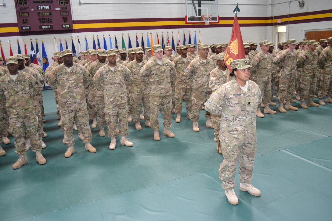 U.S. Army Capt. Felicia Sturgeon, 119th Inland Cargo Transfer Company commander, and her troops said goodbye to family and friends during a deployment ceremony Tuesday at the Joint Expeditionary Base-Fort Story Gym.  The 119th ICTC, a company consisting of approximately 160 Soldiers, are on a 12-month deployment to Afghanistan in support of Operation Enduring Freedom. (U.S. Army photo by 1st Lt. Andrea Whitaker/Released)