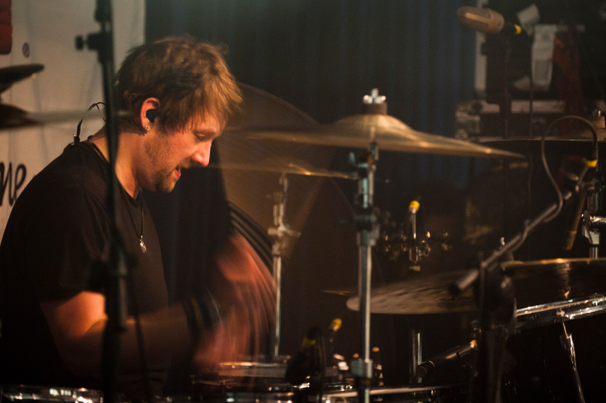 John Humphrey, drummer for the band Seether, performs for Team Incirlik March 19, 2012, at the Club Complex at Incirlik Air Base, Turkey. The hard-rock band visited Incirlik as part of a USO tour through Italy and Turkey. (U.S. Air Force photo by Tech. Sgt. Michael B. Keller/Released)