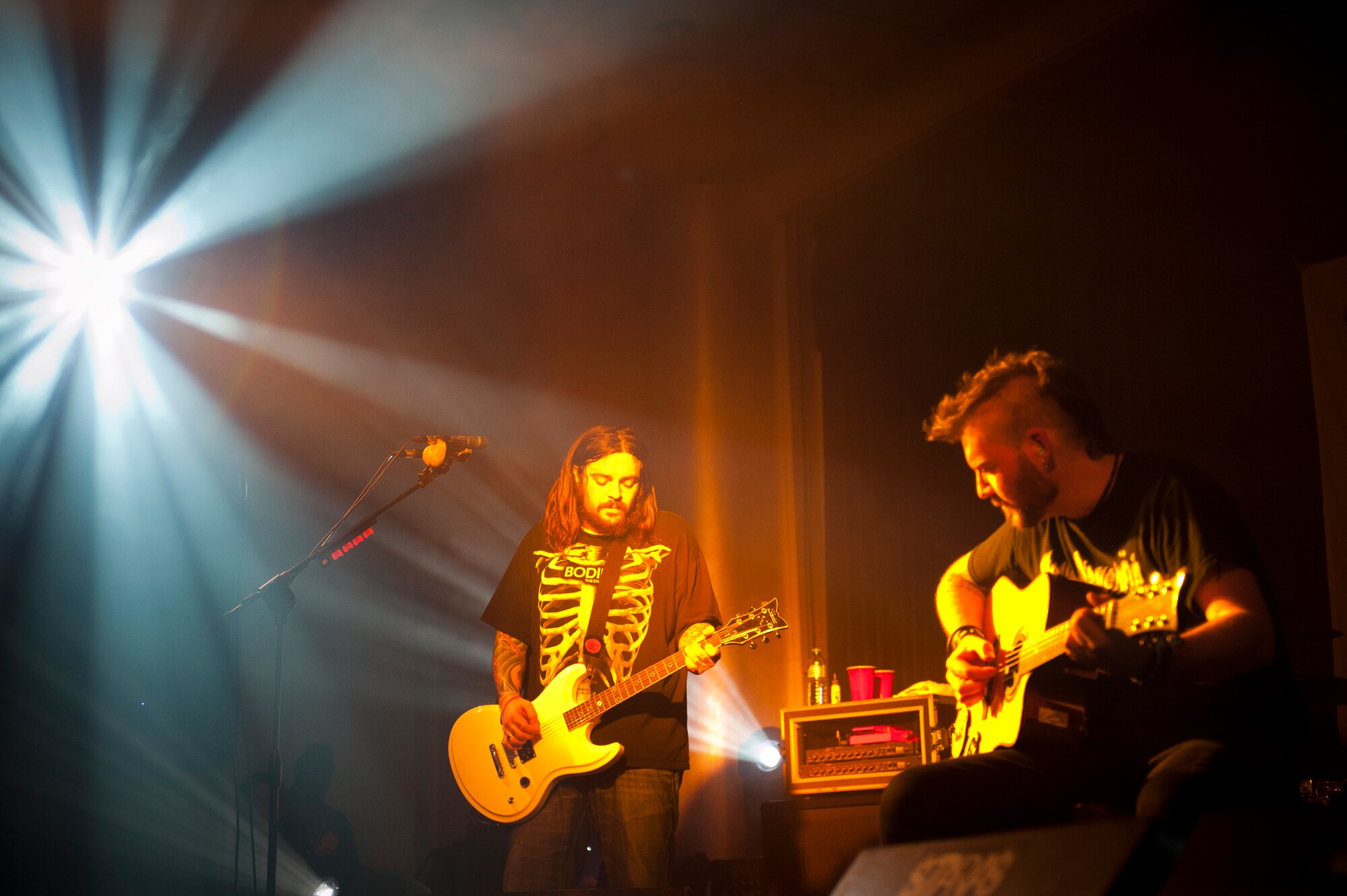 Shaun Morgan, left, and Dale Stewart, from the band Seether, perform for Team Incirlik March 19, 2012, at the Club Complex at Incirlik Air Base, Turkey. The hard-rock band visited Incirlik as part of a USO tour through Italy and Turkey. (U.S. Air Force photo by Tech. Sgt. Michael B. Keller/Released)
