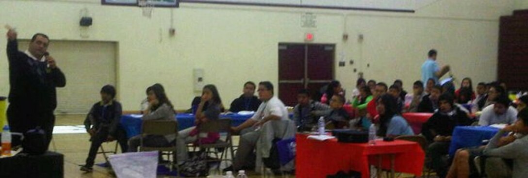 U.S. Army Corps of Engineers Los Angeles District Civil Engineer Chadi Wahby speaks to science and math middle school students at Belvedere Middle School Feb. 9 about rewarding opportunities and experiences in STEM careers.